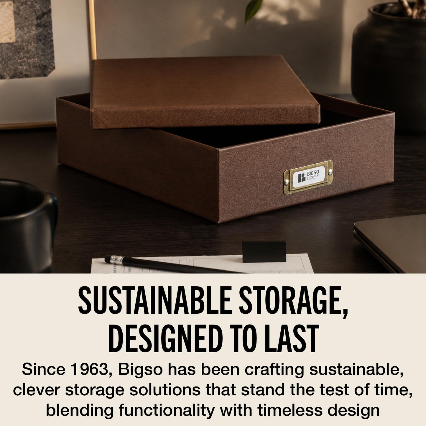 Bigso Oskar Fiberboard Document Storage Box with Lid for A4 and Letter Size Papers - Stylish, Sturdy, and Stackable Keepsake Box with Label Holder - W10.2in x D13.8in x H3.3in - Recycled Leather