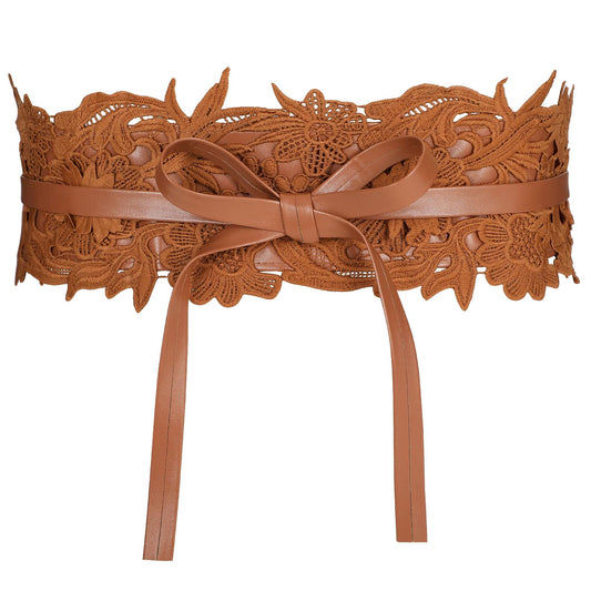 JASGOOD Women Lace Waist Belt Corset Waist Band Belt For Dress Obi Bowknot Cinch Wide Belt Bow Tie Wrap Boho Faux Leather,Brown