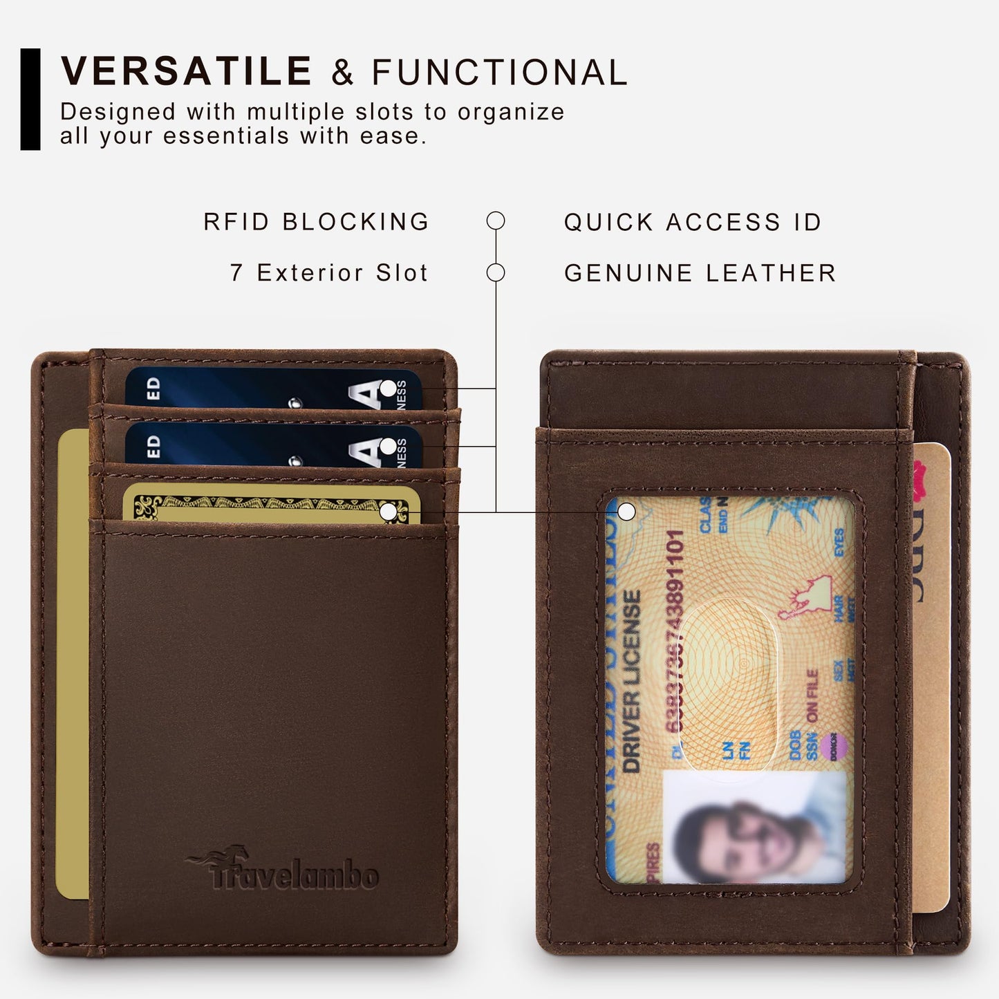 Travelambo 100% Genuine Leather Wallet for Men and Women, Slim Minimalist RFID Blocking Front Pocket Credit Card Holder with Gift Box