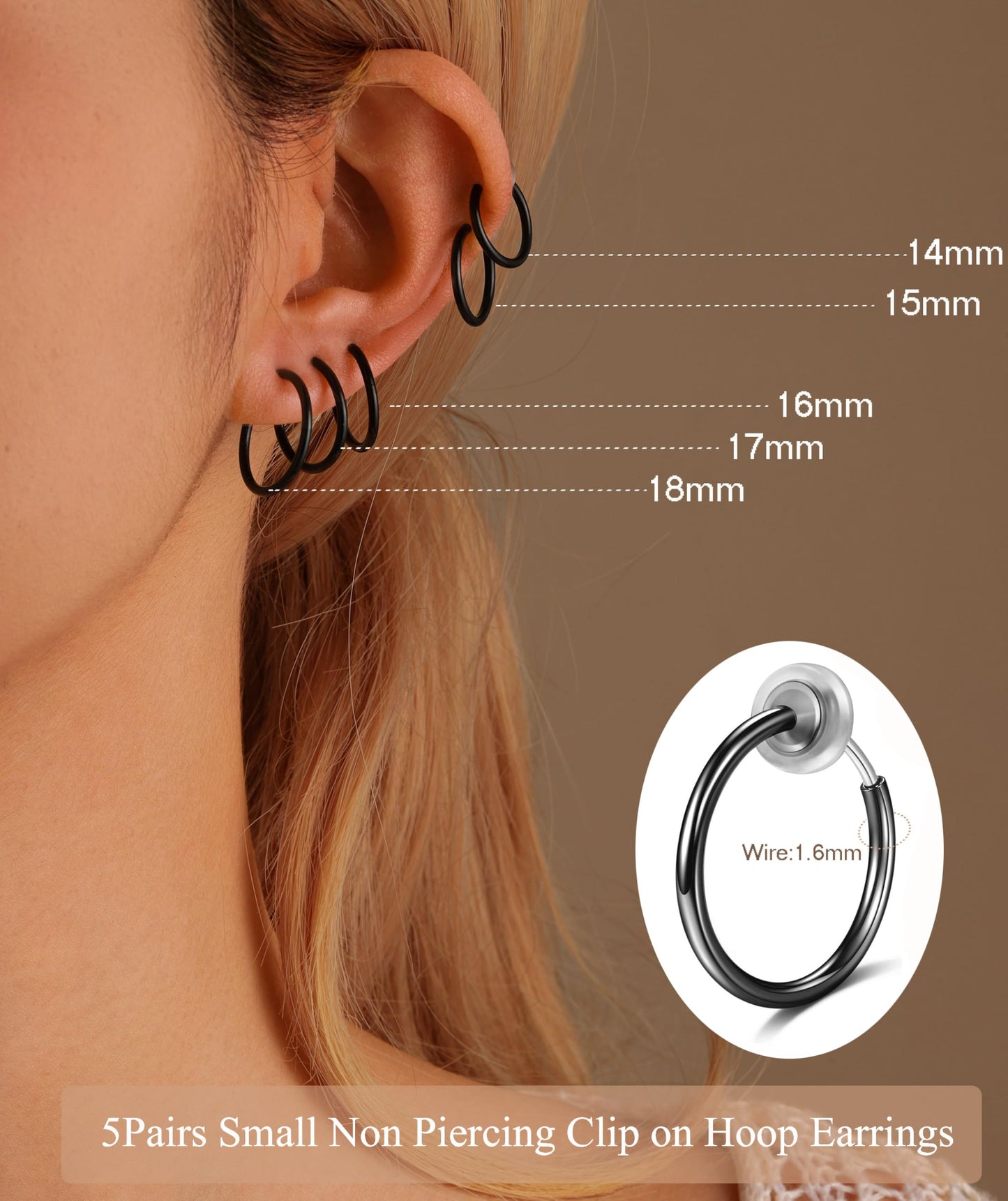 PLOMFOV Clip On Hoop Earrings for Women Small Black Plated Clip On Earrings Women Fake Hoop Earrings Non Pierced Earrings 14mm-18mm