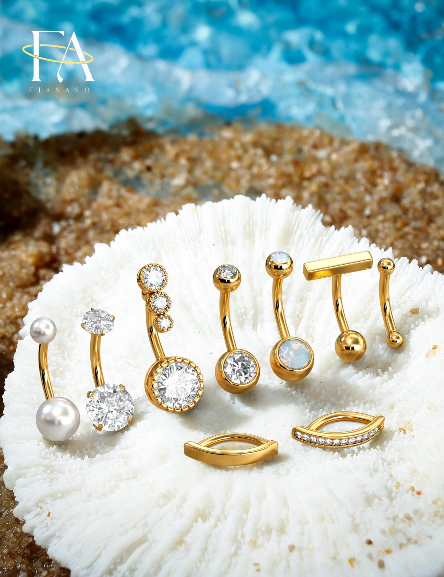 FIASASO 9 Pcs Gold Plated Belly Button Ring Surgical Stainless Steel Belly Rings CZ Opal Pearl Belly Button Ring Clicker Belly Piercings for Women Navel Piercings Pack Gold Plated