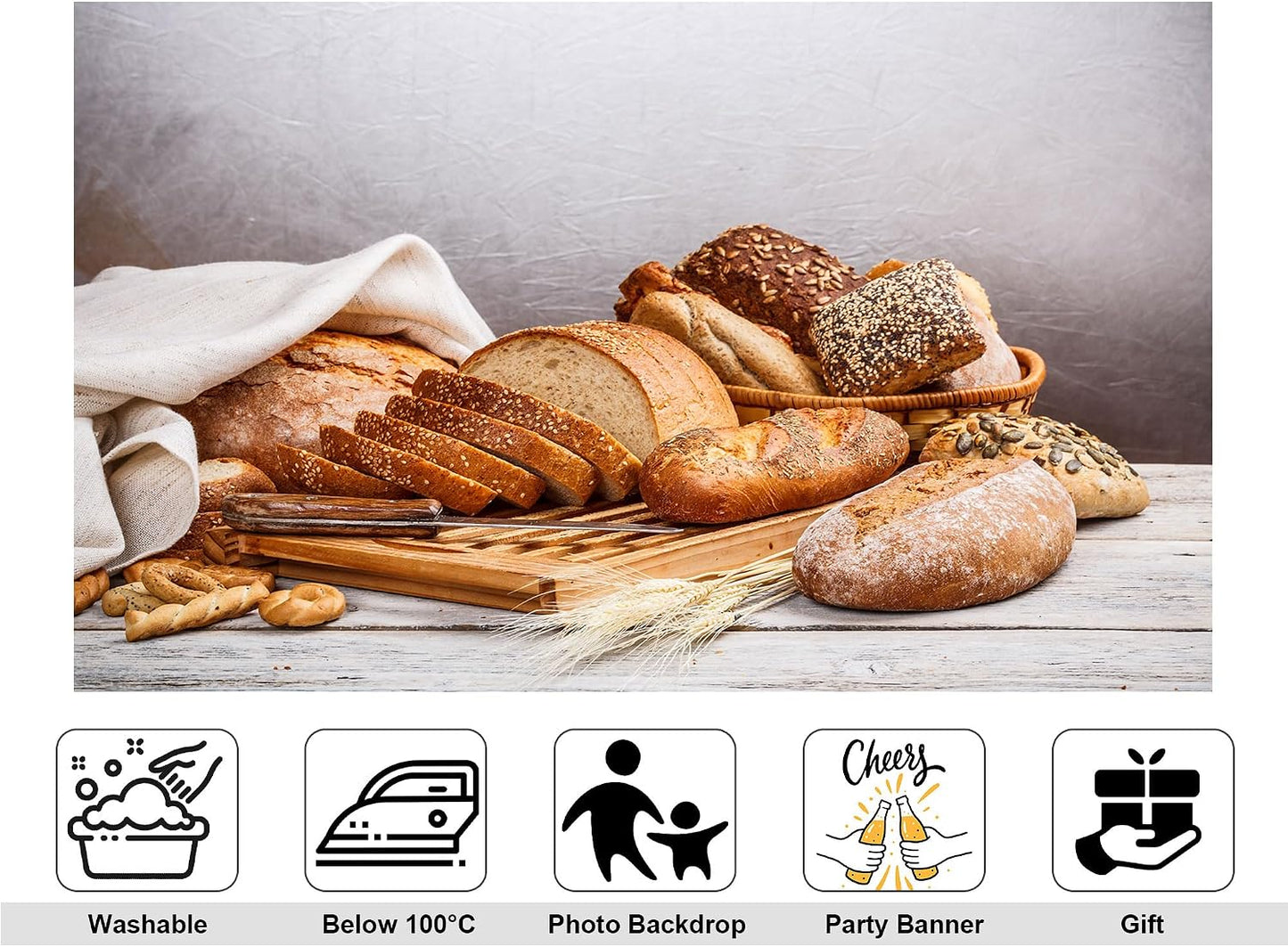 KeyWork 4x4ft Artisan Bread Assortment Backdrop Fresh Bakery Photography Background for Party Food Themed Gathering