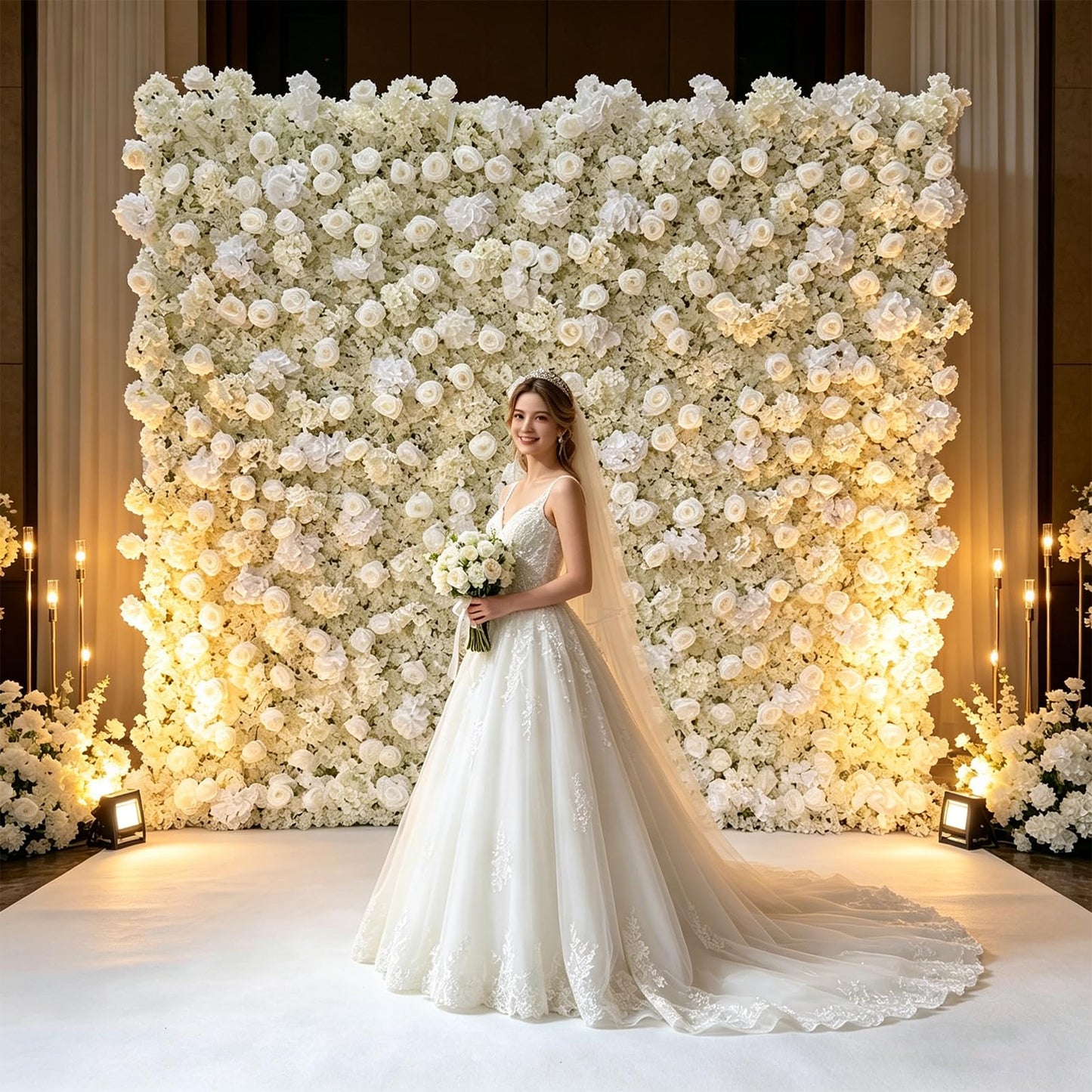 5D Artificial Silk Rose Flower Wall Backdrop, Exquisite White Floral Wall, 8×8 Ft, Quick Installation & Easy Storage, Reusable, Suitable for Weddings, Birthday Parties and Home Decor, Without Stand.