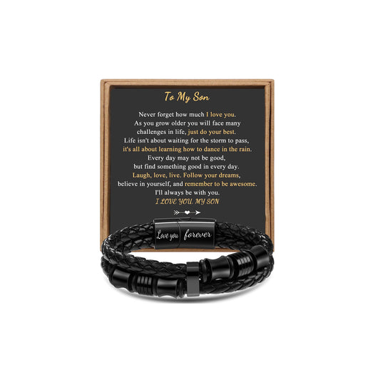 JoycuFF Gifts for Son from Dad Mom Leather Bracelet Gifts for Men Birthday Gift for Son Bracelet from Mom Black Layered Bracelets Engraved I Love You Forever Braied Cuff Graduation Gift