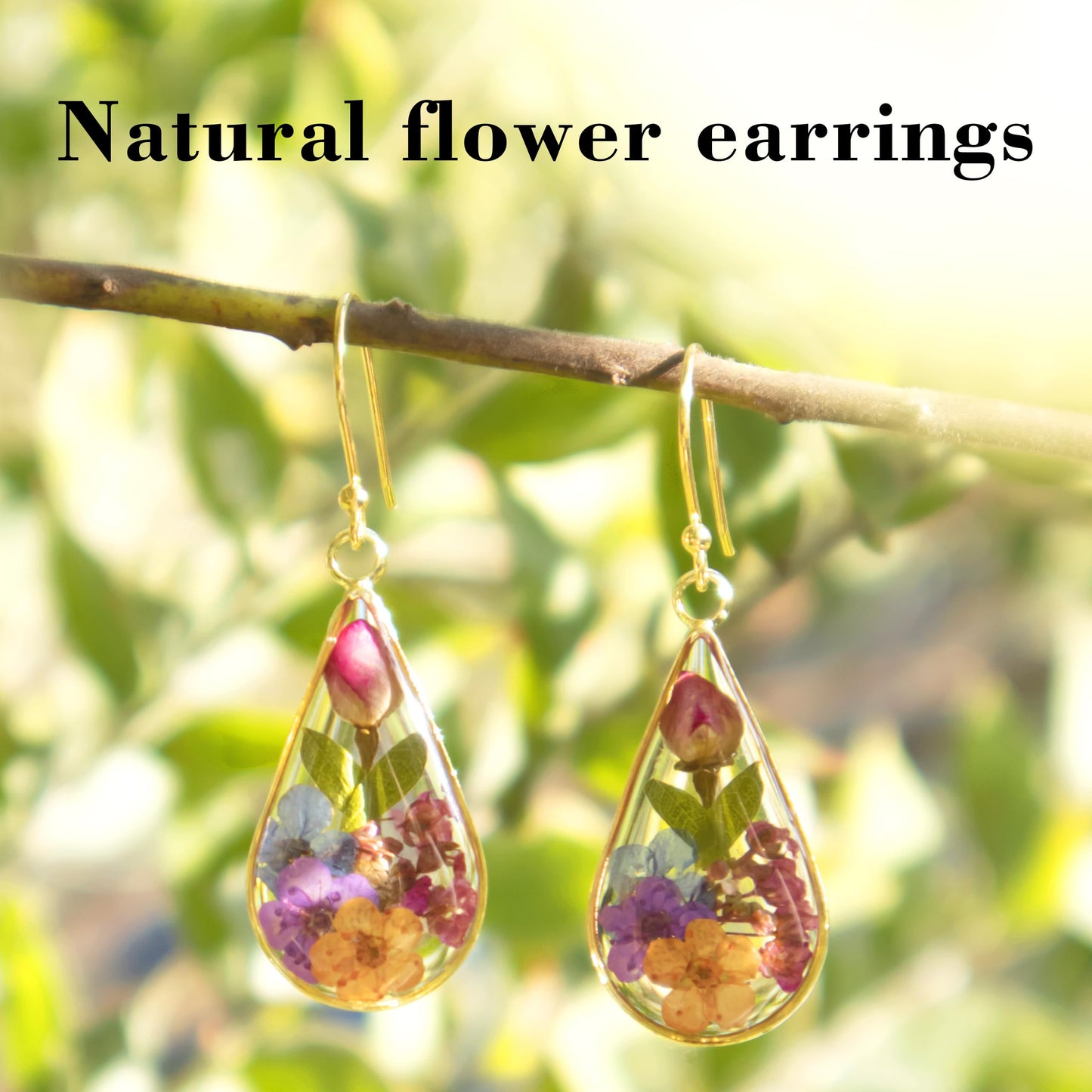 925 Sterling Silver Pressed Flower Teardrop Earrings,Hypoallergenic Women's Jewelry Gift for Mom,Handmade natural dried flower teardrop earrings Jewelry Gift (shenlan-yingse)