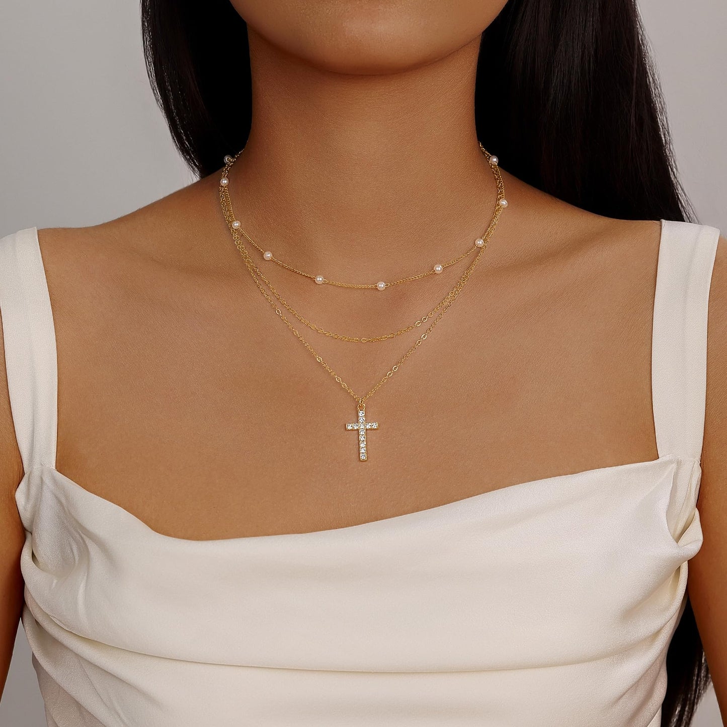Evabelle Gold Layered Necklace for Women Trendy Jewelry 14K Real Gold Plated Chunky Chain Stackable Necklaces Dainty Choker Necklaces Cubic Zirconia Cross Pendant