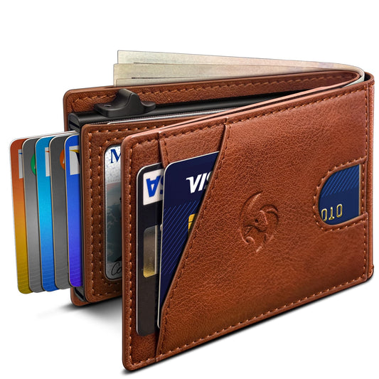 Housmai Wallet for Men, Slim Pop Up Card Holder with RFID Blocking, Minimalist Bifold Wallet with 9 Card Slots, ID Window and Cash Pocket, Metal Flip Case with Magnetic Closure, Gift Box