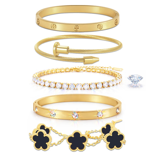 RIVOWMKI 18K Gold Plated Bracelet Set for Women, Sparkling CZ Bangle Adjustable Tennis Bracelet, Stackable Clover Jewelry, Non Tarnish Non Fade Long Lasting Shine for Client Meeting Afternoon Tea