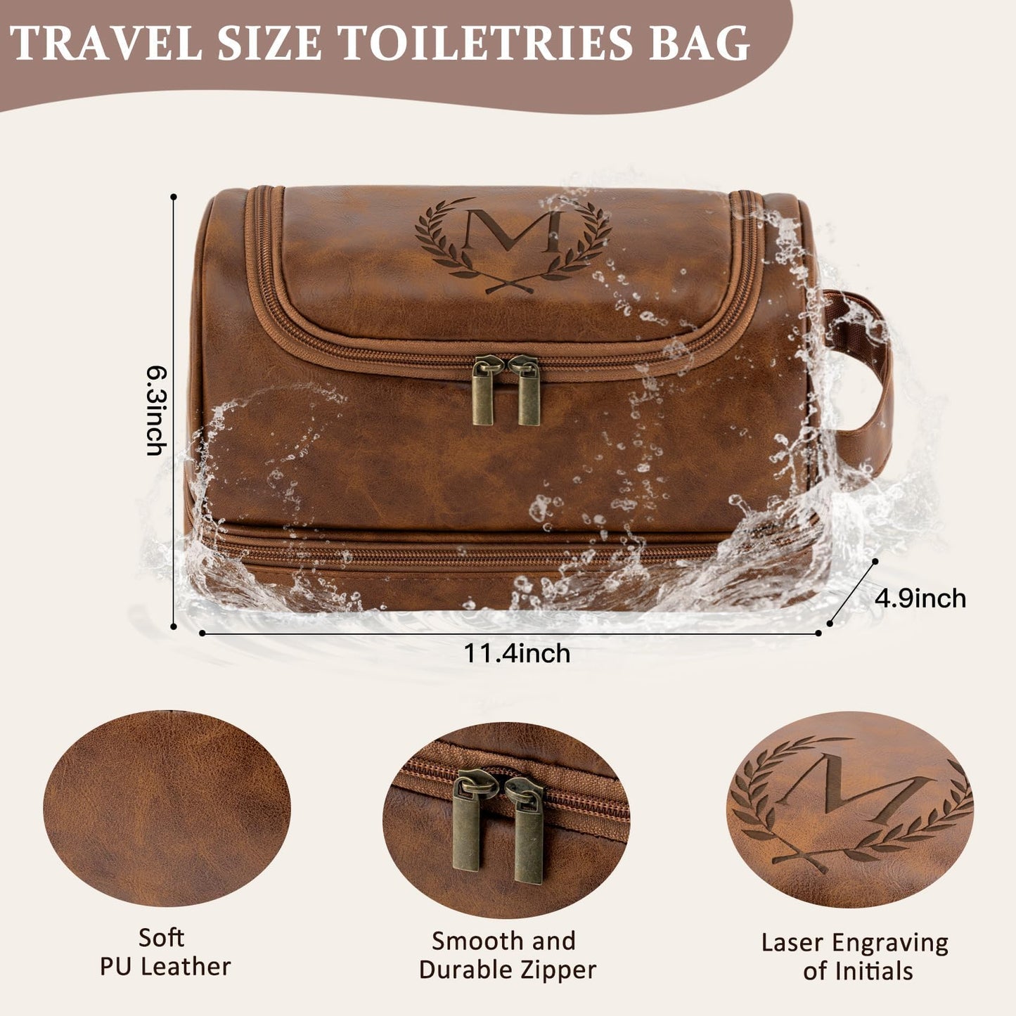 Aganmi Personalized Christmas Birthday Gifts Toiletry Bag for Men Dad Husband, Custom Initial PU Leather Waterproof Toiletry Organizer Dopp Kit Shaving Bag Travel Essential for Men, Light Brown J