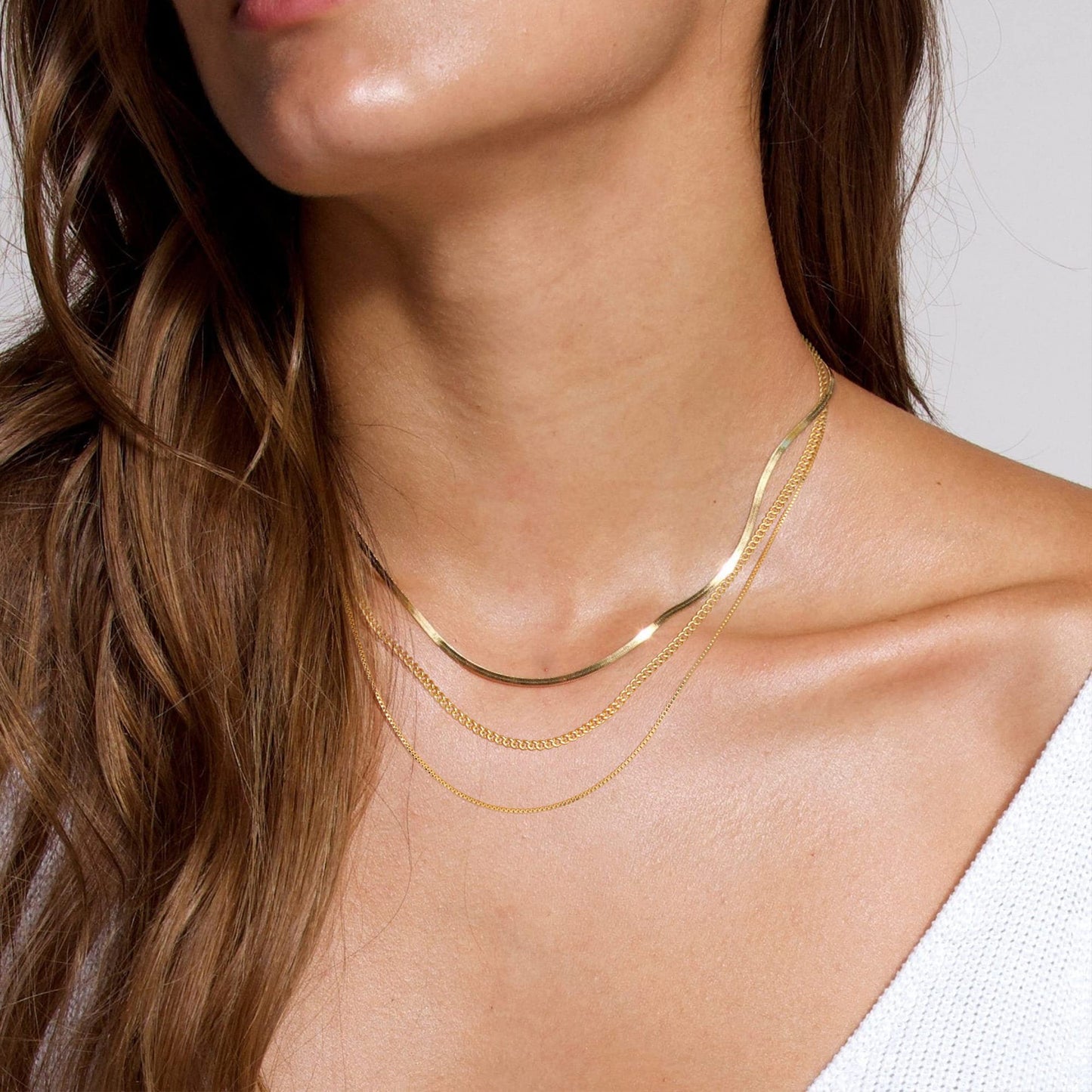 Freekiss Gold Herringbone Necklace, Layered 14K Gold Filled Choker Necklaces, Dainty Snake chain Cuban Link Necklace Set, Simple Gold Jewelry Gifts