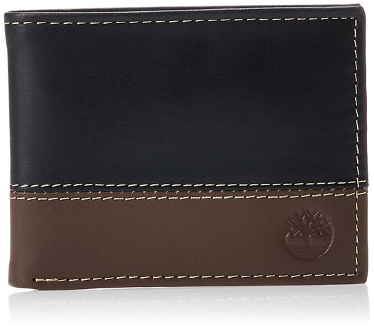 Timberland Men's Leather Passcase Bifold Wallet Hybrid, Black/Cognac, One Size