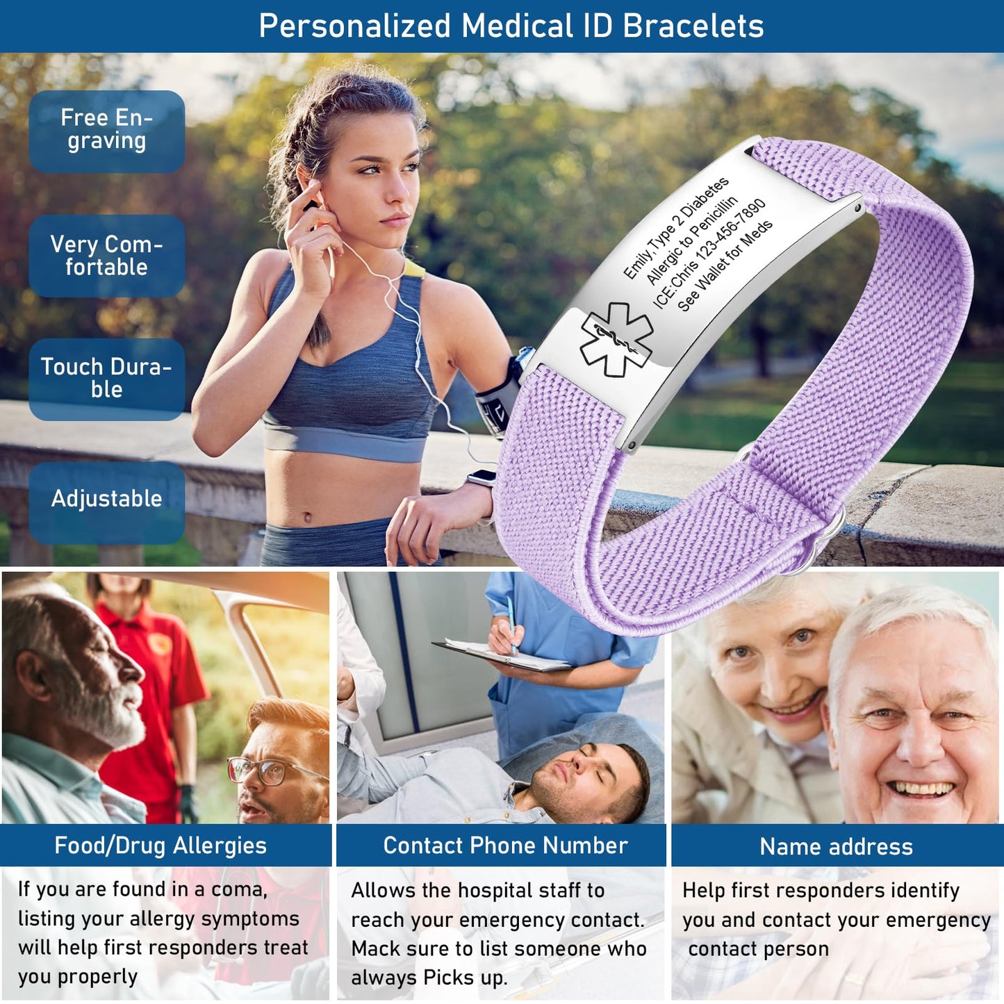 VNOX Medical Alert Bracelets for Men & Women with Free Engraving Adjustable Stainless Steel Mesh Emergency Medical ID Bracelets Wristband