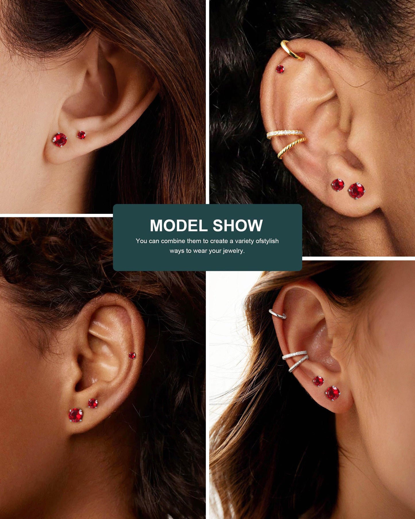 6 Pairs Stud Earrings Set, Hypoallergenic Cubic Zirconia Earrings 316L Stainless Steel CZ Earrings 3-8mm (Red CZ)