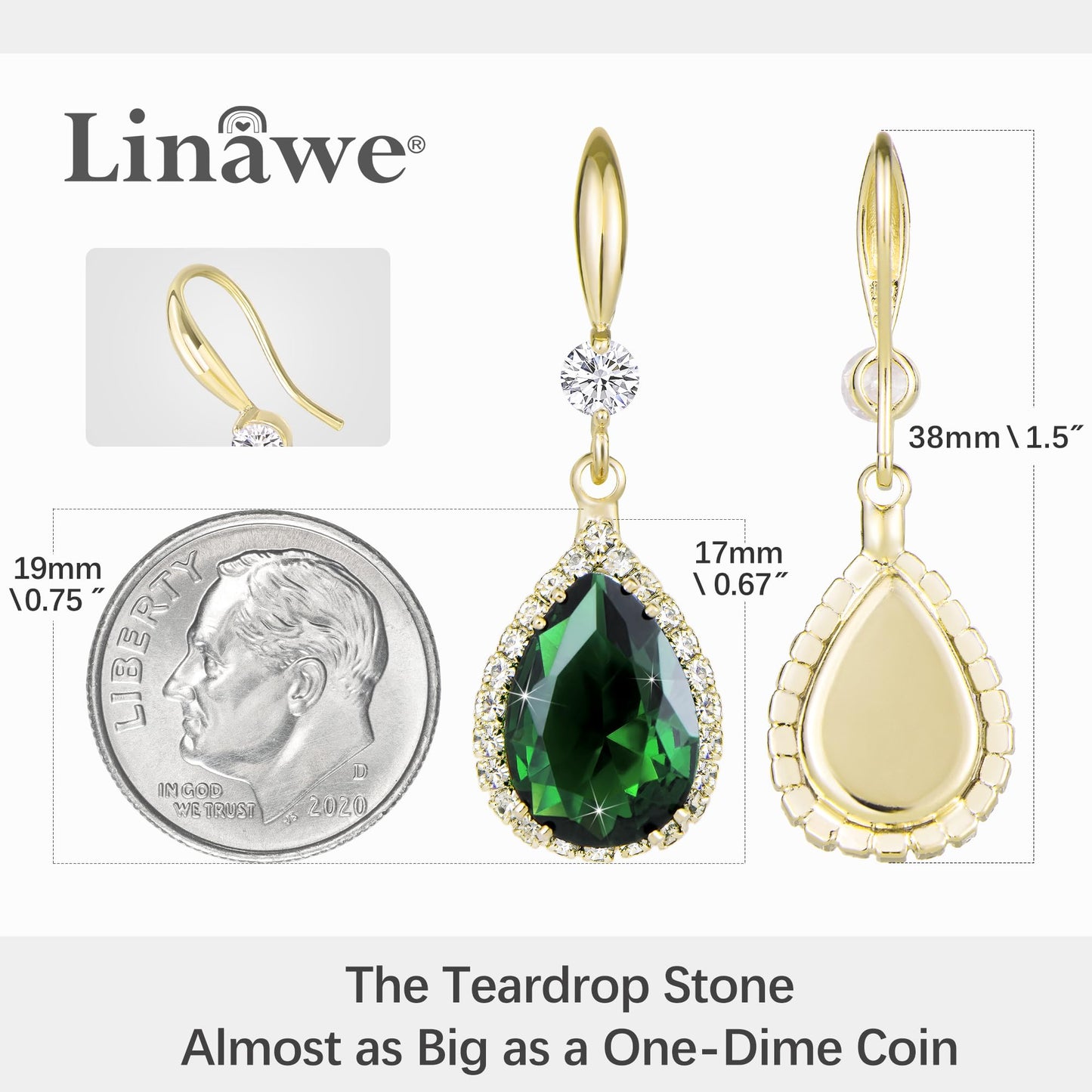 Linawe Emerald Green Earrings for Women Trendy, 14K Gold Imitation Diamond Rhinestone Cubic Zirconia Crystal Earrings, Teardrop Birthstone Lime Green Earrings, Wedding Jewelry Set