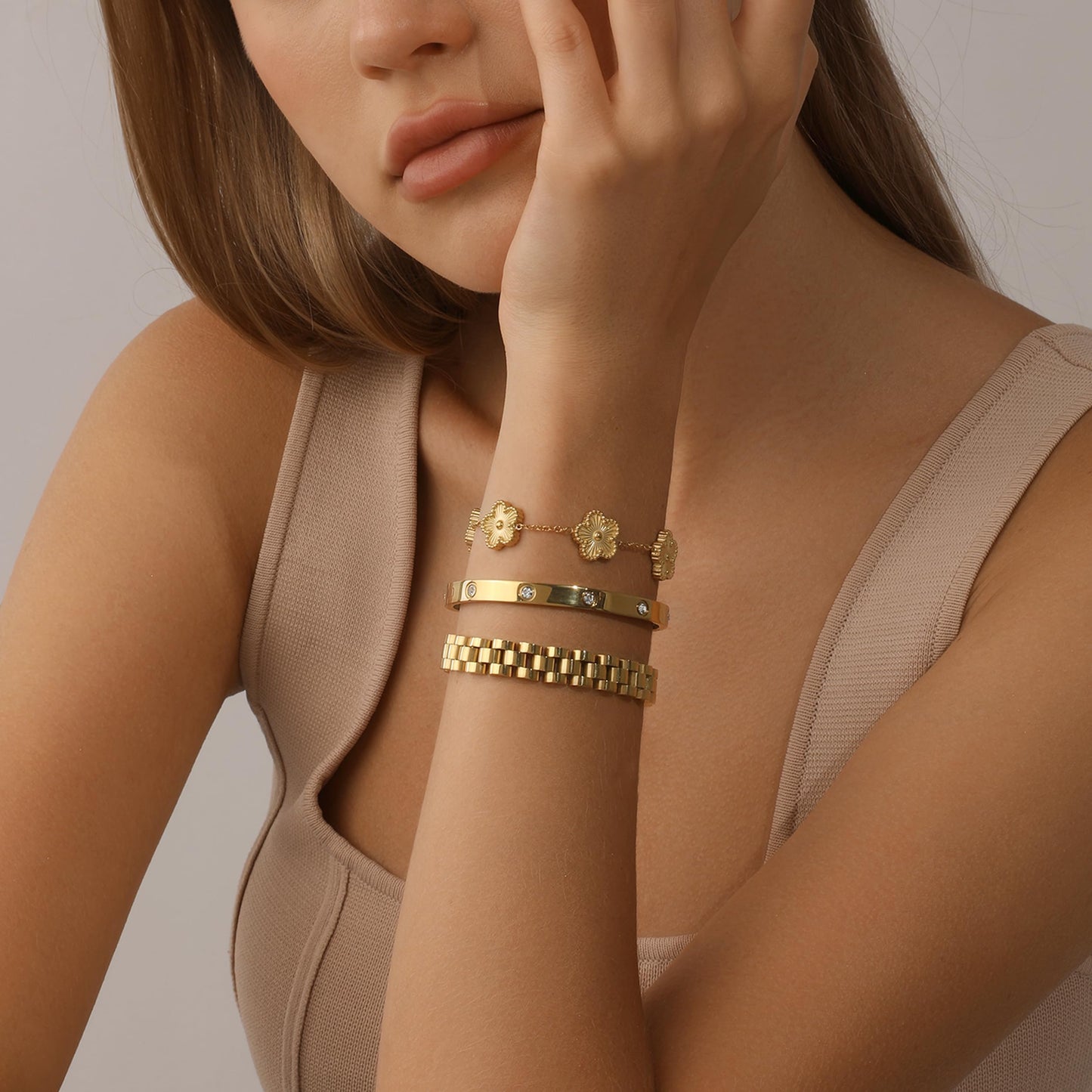 ISELBDR 2PCS 18K Gold Chain Link Bracelets for Women - Stackable Love & Friendship Theme Bangle Bracelet Set,Non-Tarnish Stainless Steel Jewelry with Adjustable Tool. (3pcs-Gold)