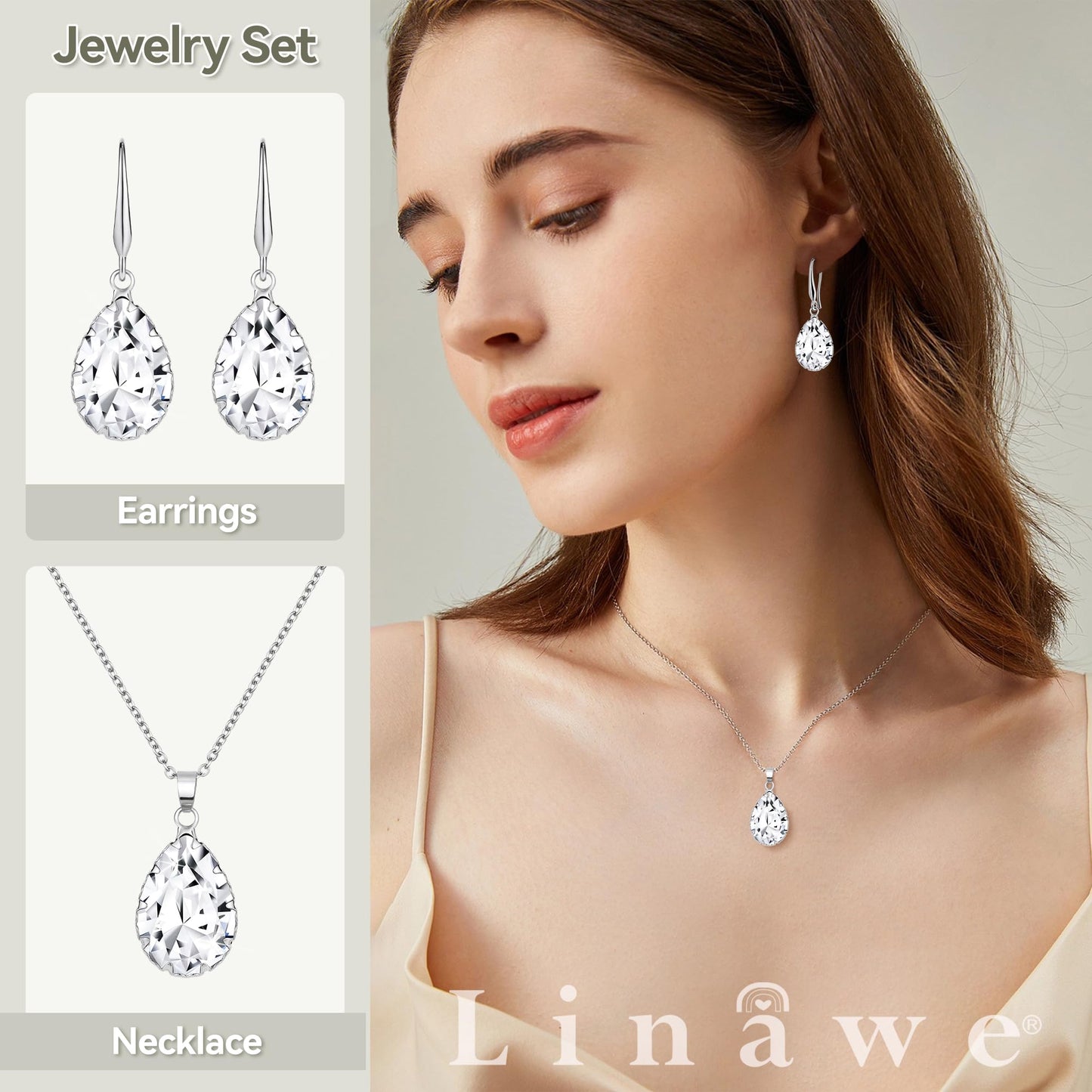 Linawe Crystal Imitation Diamond Wedding Jewelry Sets for Brides Bridesmaid, Silver Pendant Necklace Set, Rhinestone Drop Dangle Earring Set, Cubic Zirconia Birthstone Teardrop Matching Jewelry