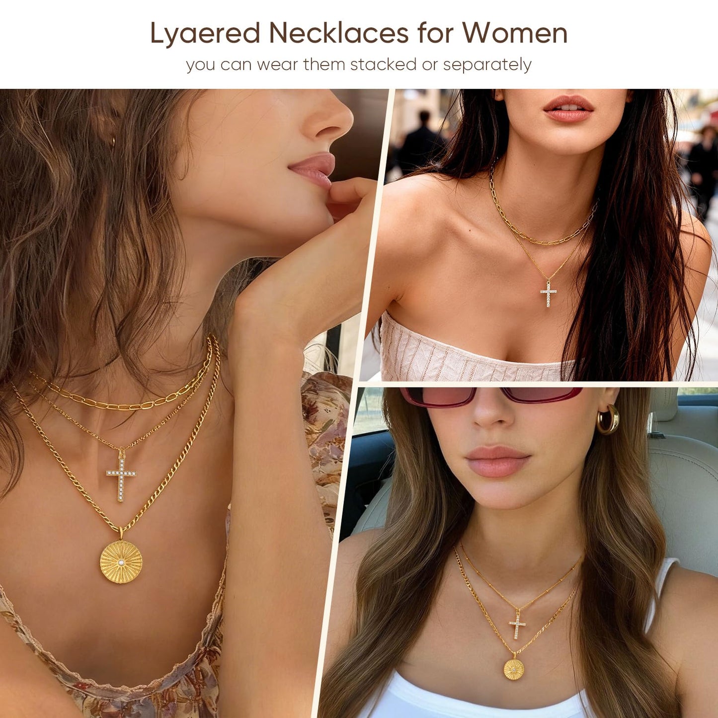 Gold Layered Necklace for Women - 3Pcs 18K Gold Plated Cross Necklaces, Stainless Steel Stackable Necklace Cuban Link Paperclip Chain Trendy Jewelry, Herringbone Choker Christmas Birthday Gift for