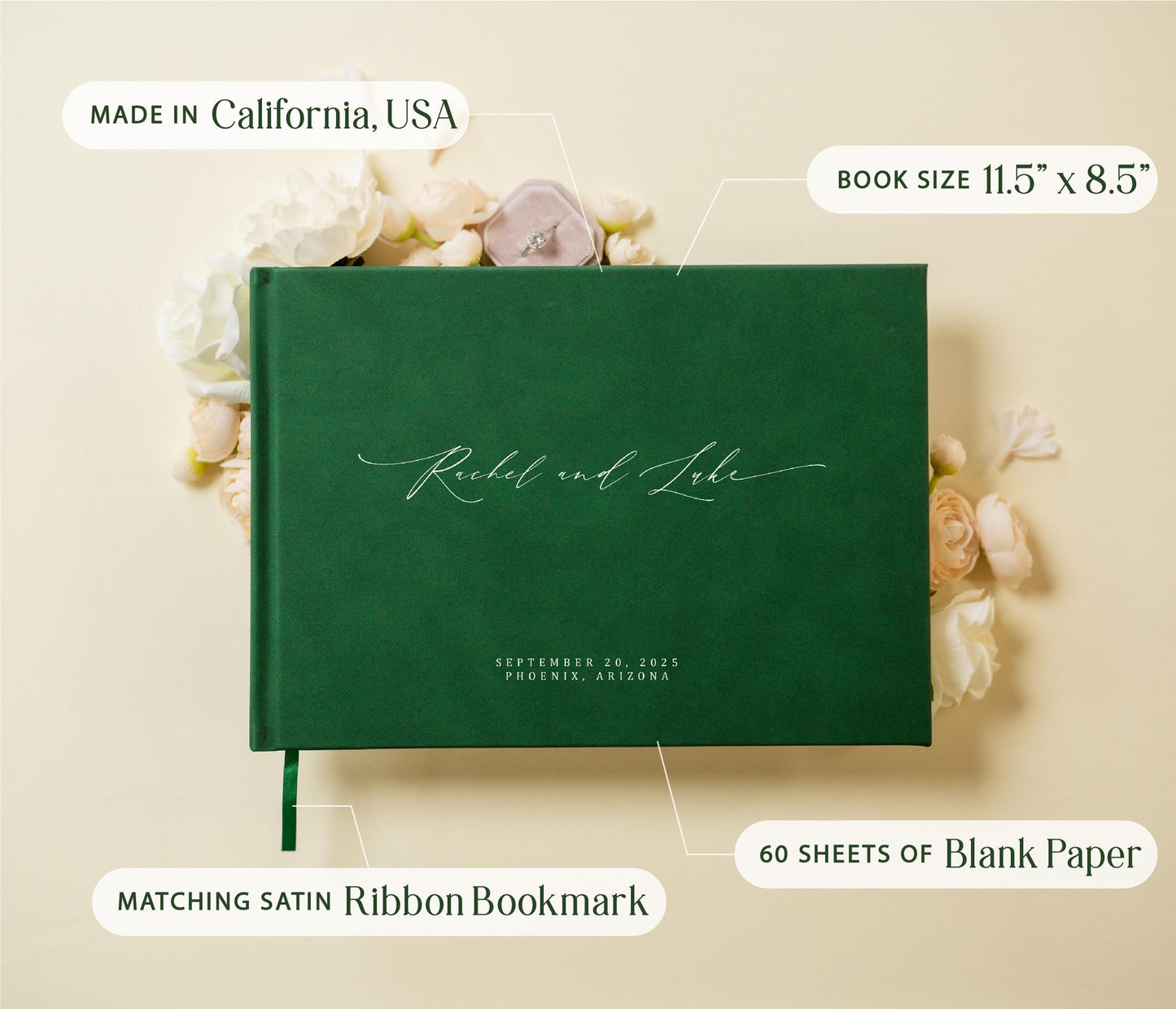 MUUJEE Personalized Guestbook in Emerald - Premium Custom Modern Guest Book for Wedding Reception, Birthday Party or Events w/Bookmark Blank Pages for Signing 11.5 x 8.5 inches