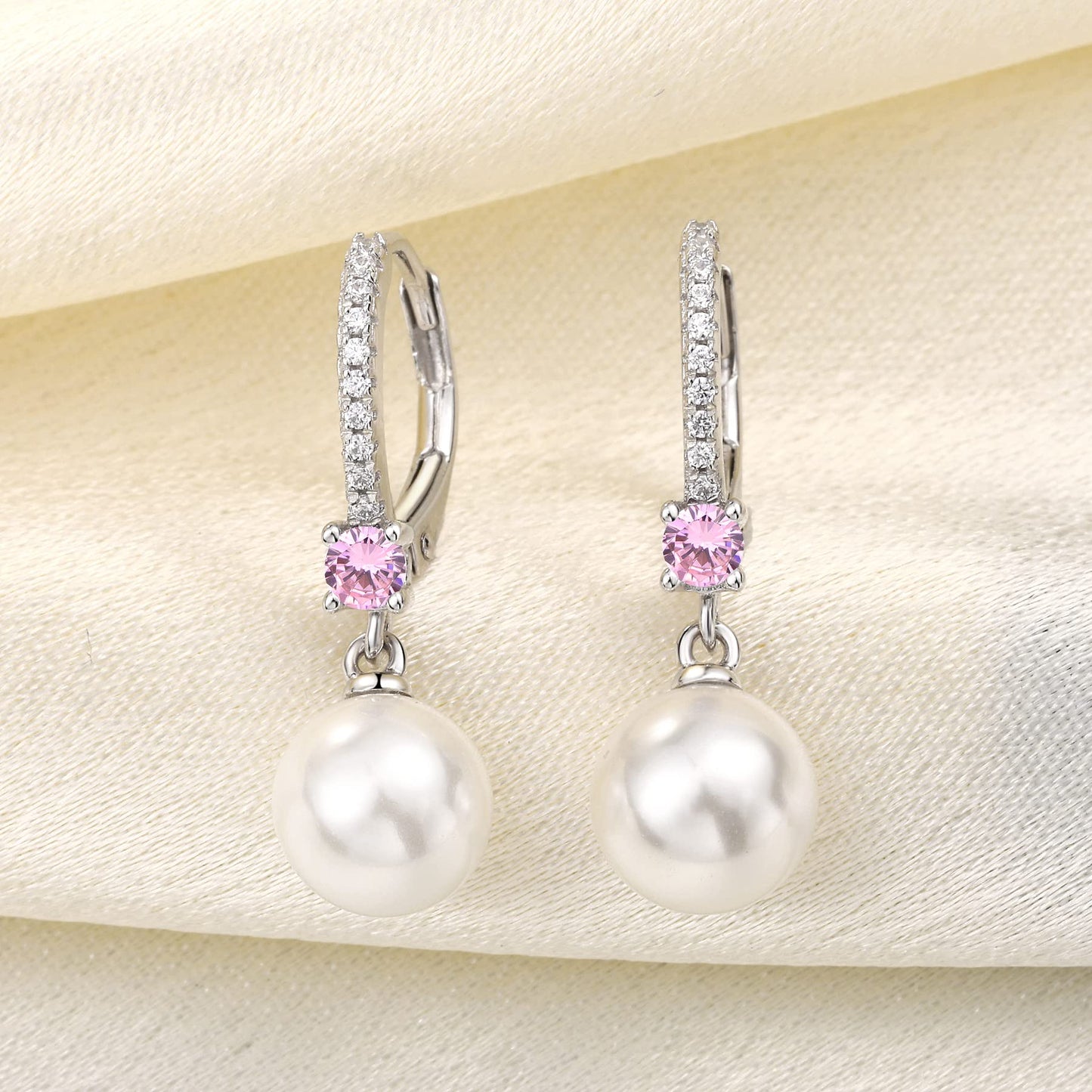 JO WISDOM Pearl Earrings,925 Sterling Silver 3A CZ March Birthstone Aquamarine Color 8mm Pearl Leverback Drop Earrings,Jewelry for Women