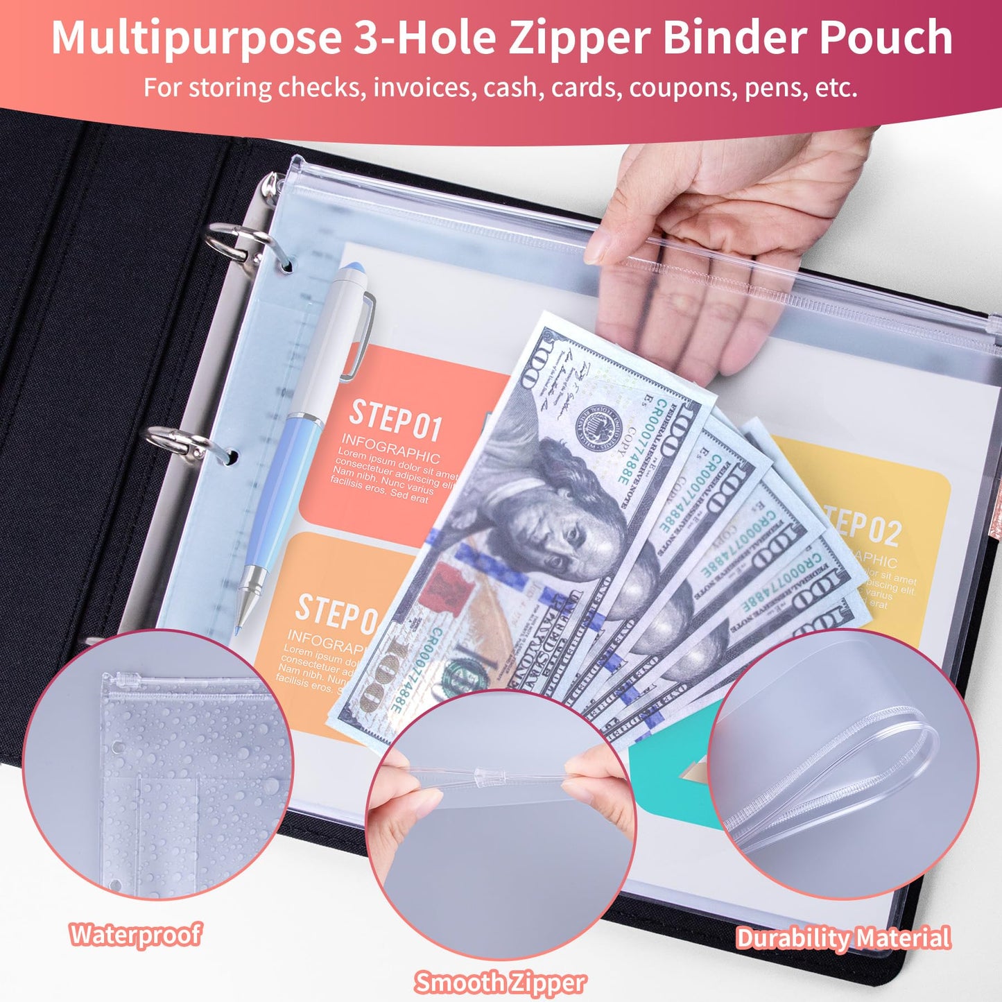 Antner 3 Ring Personal Check Binder for 3-on-a-Page End-Stub Deskbook & Personal 3 Holes or 9 Holes Small Size Checks, PU Leather Check Holder Checkbook Binder Cover with Zipper Pouch, Rose Gold