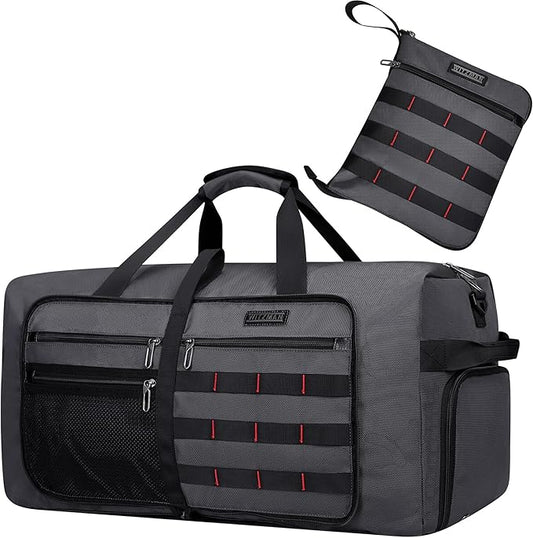 WITZMAN Foldable Duffle Bag for Travel 65L Lightweight Packable Duffel Bag with Shoes Compartment Overnight Bag for Men Women (B697 Silvery Grey)