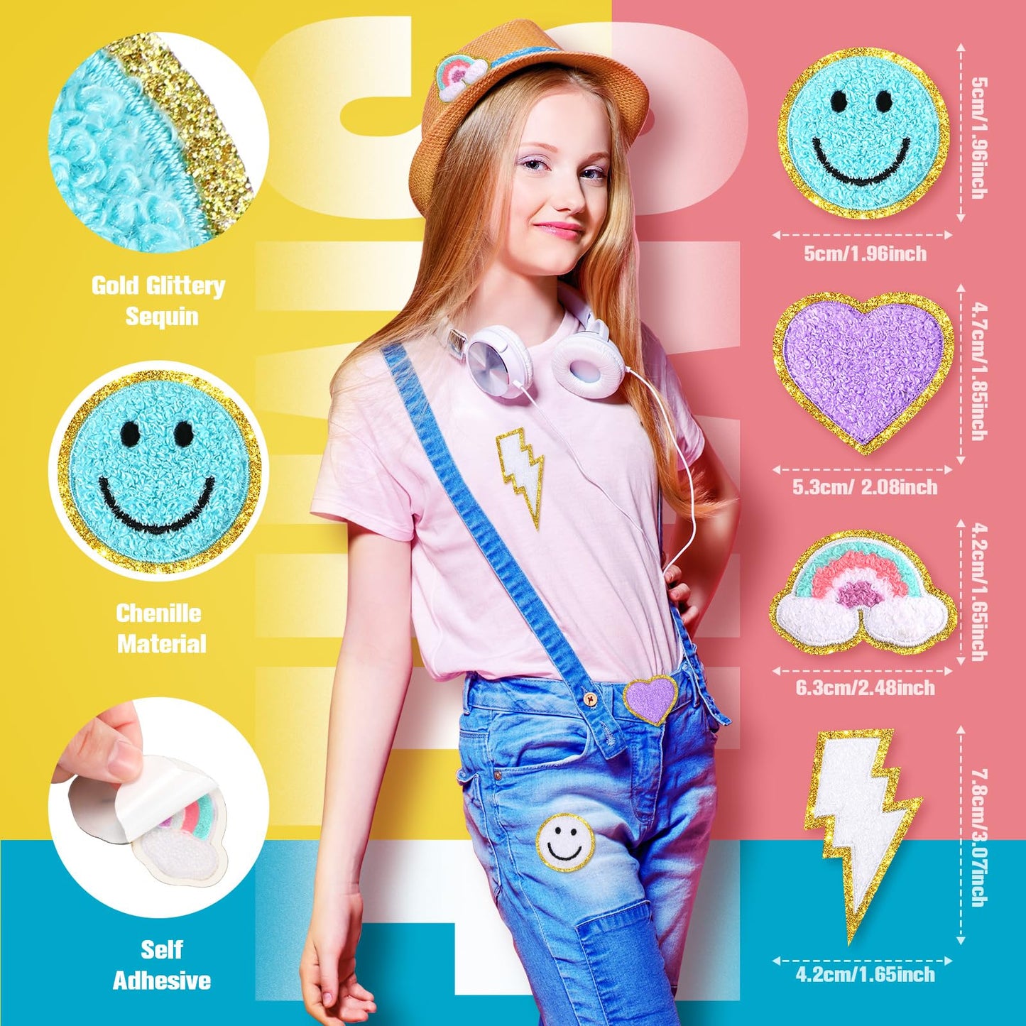 Hanaive 80 Pcs Chenille Letter Patches Self Adhesive Iron on Patch 3D Cute Embroidered Rainbow Smile Face Heart Applique Sewing Badges Patch for Fabric Clothing Jacket DIY(Soft Color,Cute)