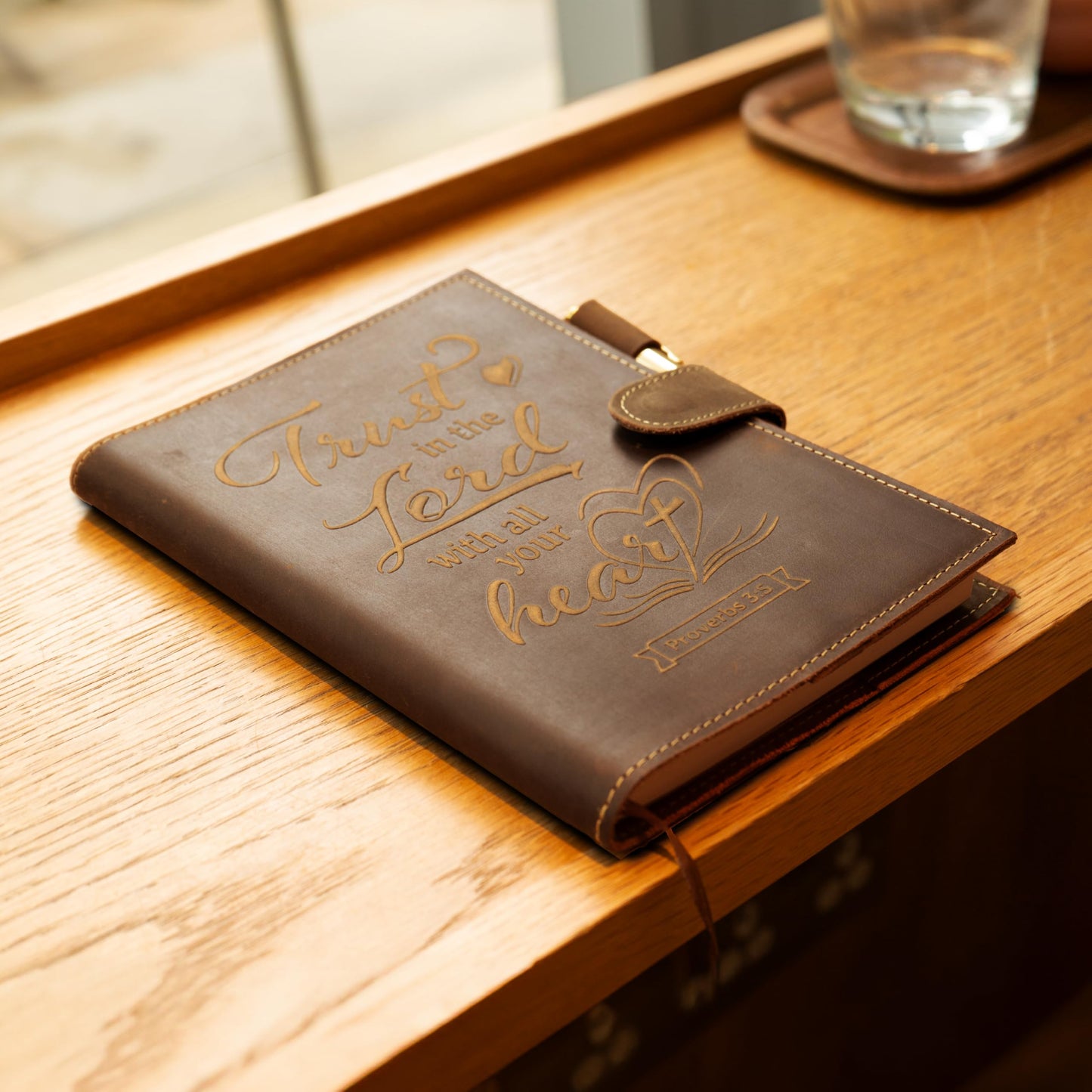 Sovereign-Gear Religious Refillable Leather Journal - Handmade A5 Writing Notebook with Pen - “Trust in the Lord” Proverbs 3:5 Embossed Diary with 2 Lined Inserts & Pen Holder - 480 Pages