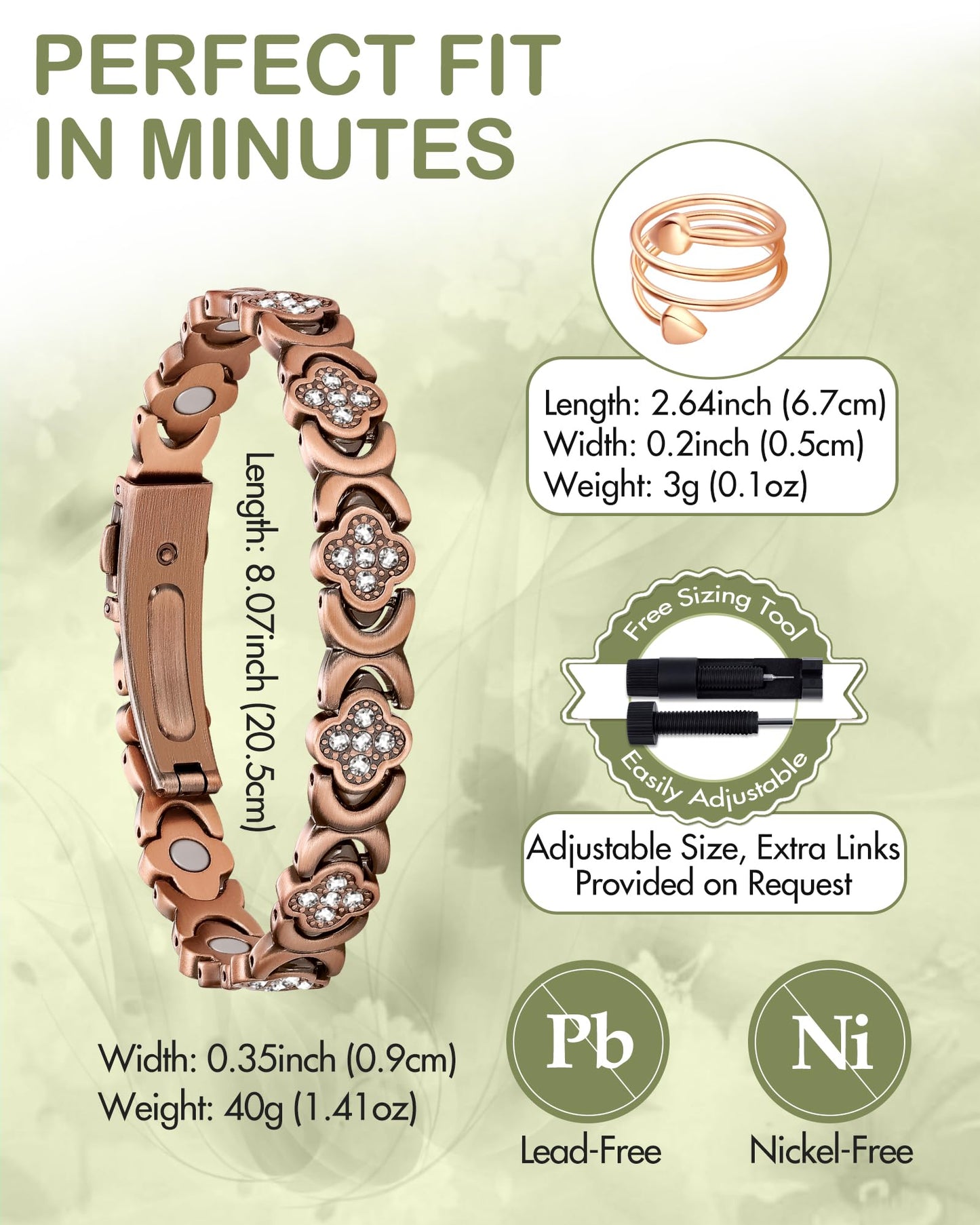 Feraco Pure Copper Bracelets & Rings for Women, Ultra Strength Magnetic Bracelet for Women with Neodymium Magnets & Sparkling Cubic Zirconia, Adjustable, Wellness Jewelry