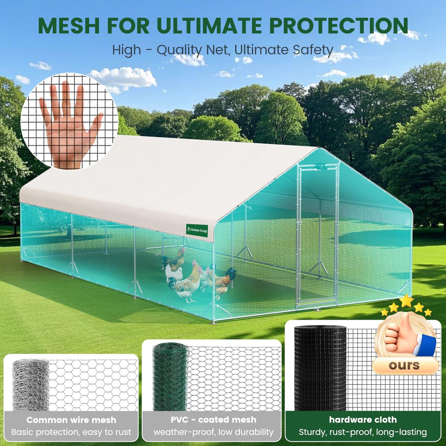 Large Walk-in Metal Chicken Coop with Chicken Run & Hardware Cloth, Solar Light, Waterproof & UV-Resistant Cover, Outdoor Poultry Cage for Farm Use, 3 Room