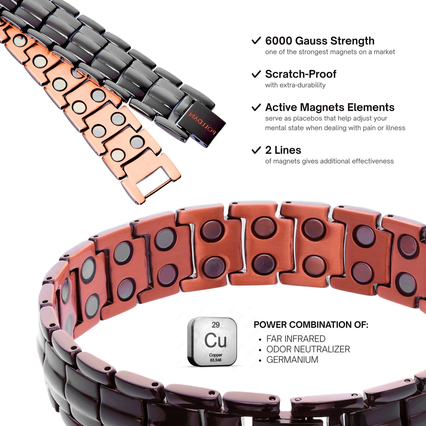 POLLDAN Copper Bracelet 6200 Gauss Power | Mens Bracelet 99.99% Pure Copper | Magnetic Bracelets for Men with Adjustable Fit & Sizing Tool | Stylish Jewelry | Magnet Gifts for Him (2X Black Copper)