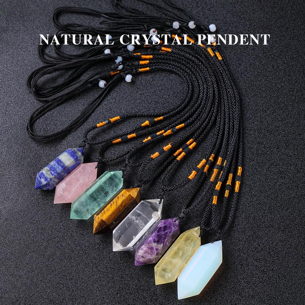 Runyangshi Rose Quartz Healing Crystal Pendants, Double Pointed Natural Crystal Quartz Necklace 6 Faceted Chakra Crystal Wand Stone