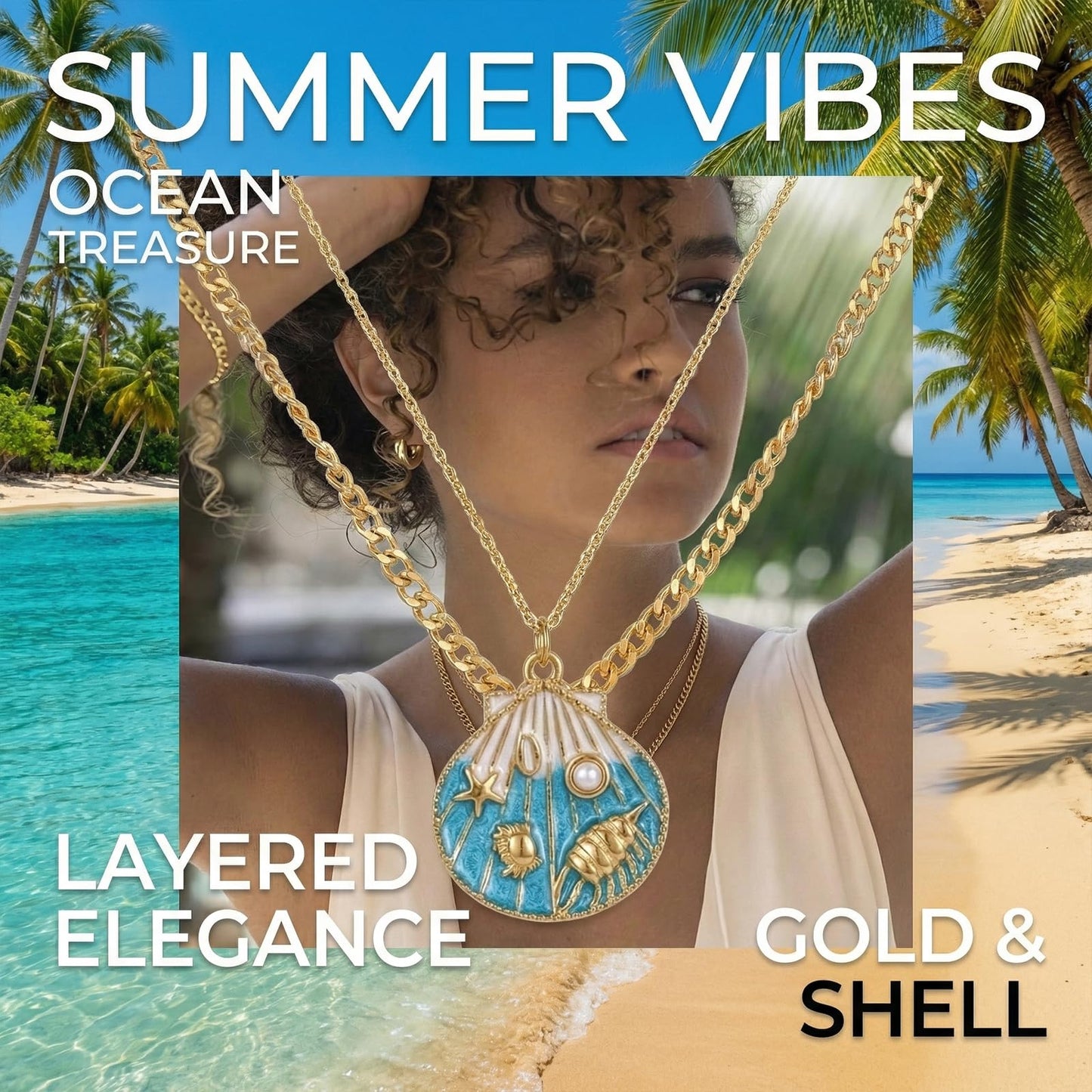 Gmai Double Layer 18K Gold-Plated Seashell Necklace,Enamel Ocean Pendant with Starfish,Crab & Faux Pearl 18in Adjustable Stainless Steel Chain for Women, Perfect for Summer Beach Party & Vacation (Gold, Animal)