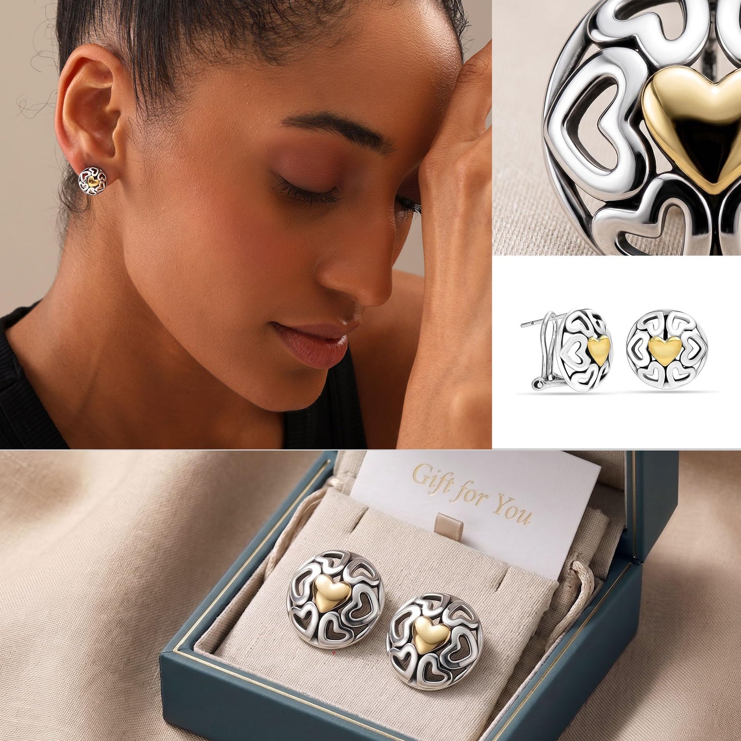 LeCalla 925 Sterling Silver Omega Back Earrings Jewelry Small Medium Two-Tone Crossover Round Antique Dome Heart Omega-Clip Back Medium Stud Earring for Women - 12MM