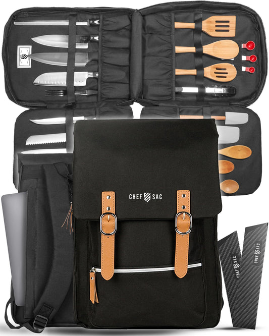 Chef Knife Bag Vintage Backpack VINTAGE, Professional Knife Carrying Case for Chefs & Culinary Students, 30+ Pockets, Holds 10" Knives, Water-Resistant 600D Material (Black)