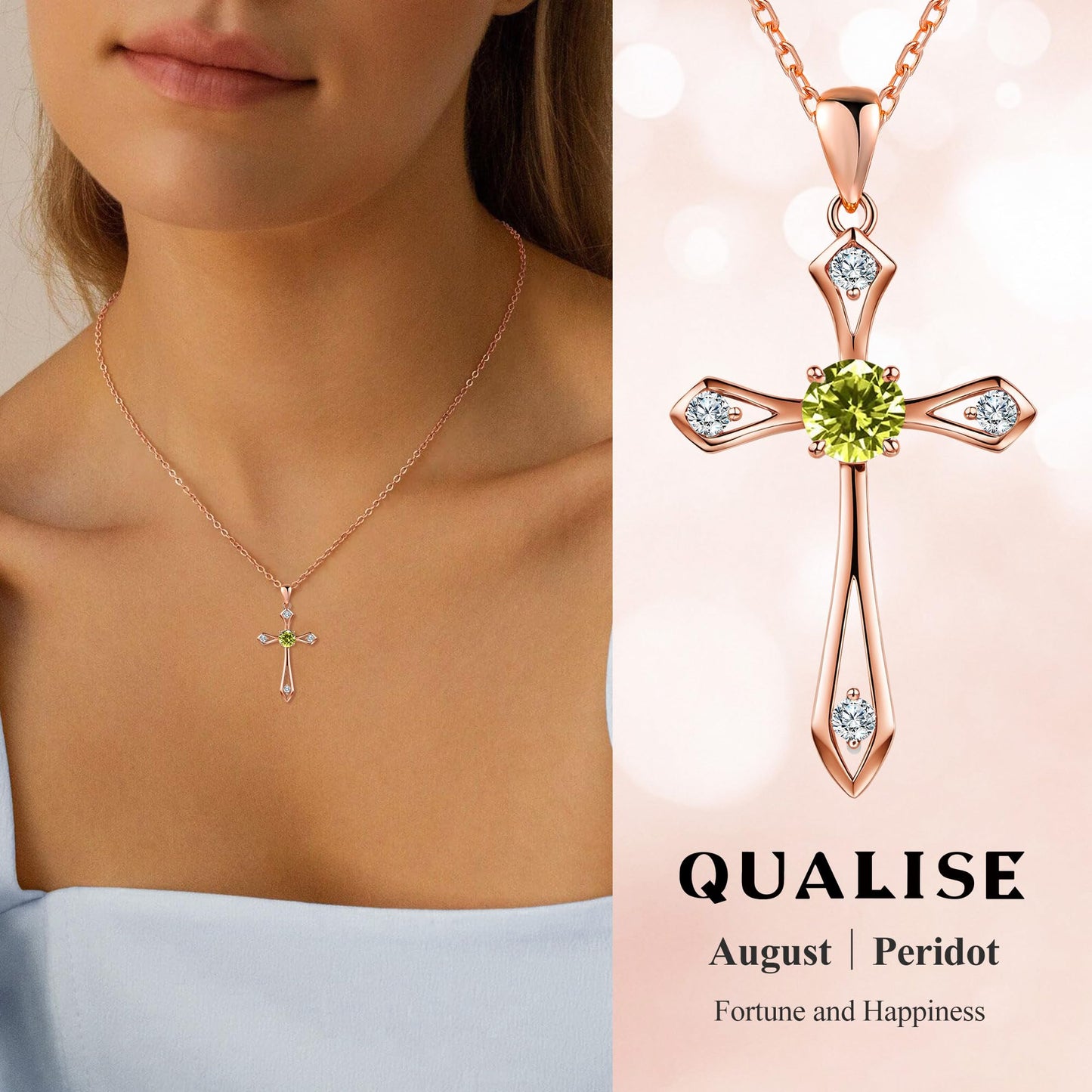 QUALISE Cross Necklace for Women,925 Sterling Silver Birthstone Necklace,Peridot-Augest Birthstone Cross Necklace,Faith Religious Fine Jewelry Valentines Day Gifts Birthday Holiday Gifts for Her