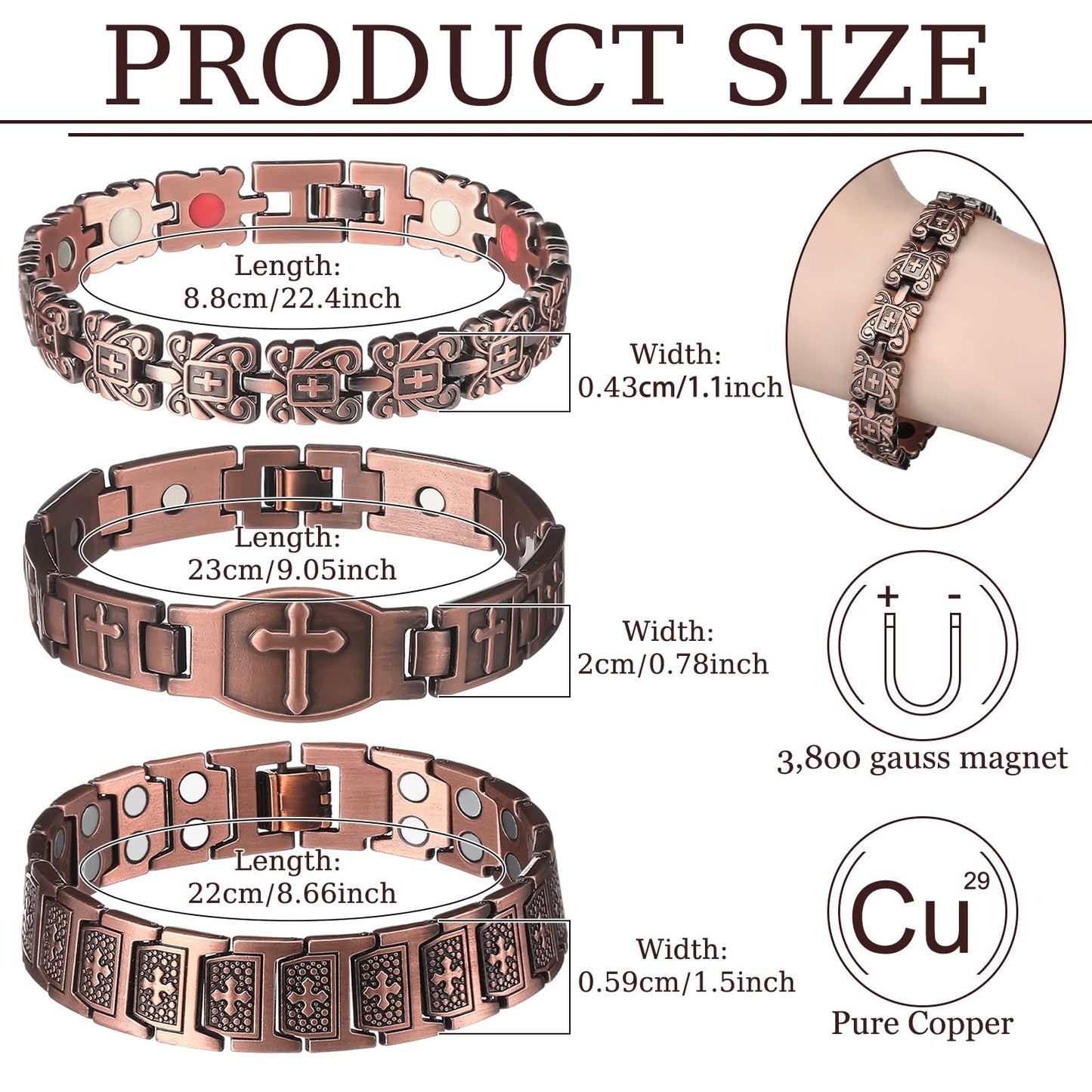 Misdary 3 Pcs Copper Magnetic Bracelets for Women Ultra Strength Magnetic Bracelet with Magnets Natural Stones Adjustable Jewelry Gift (Cross)