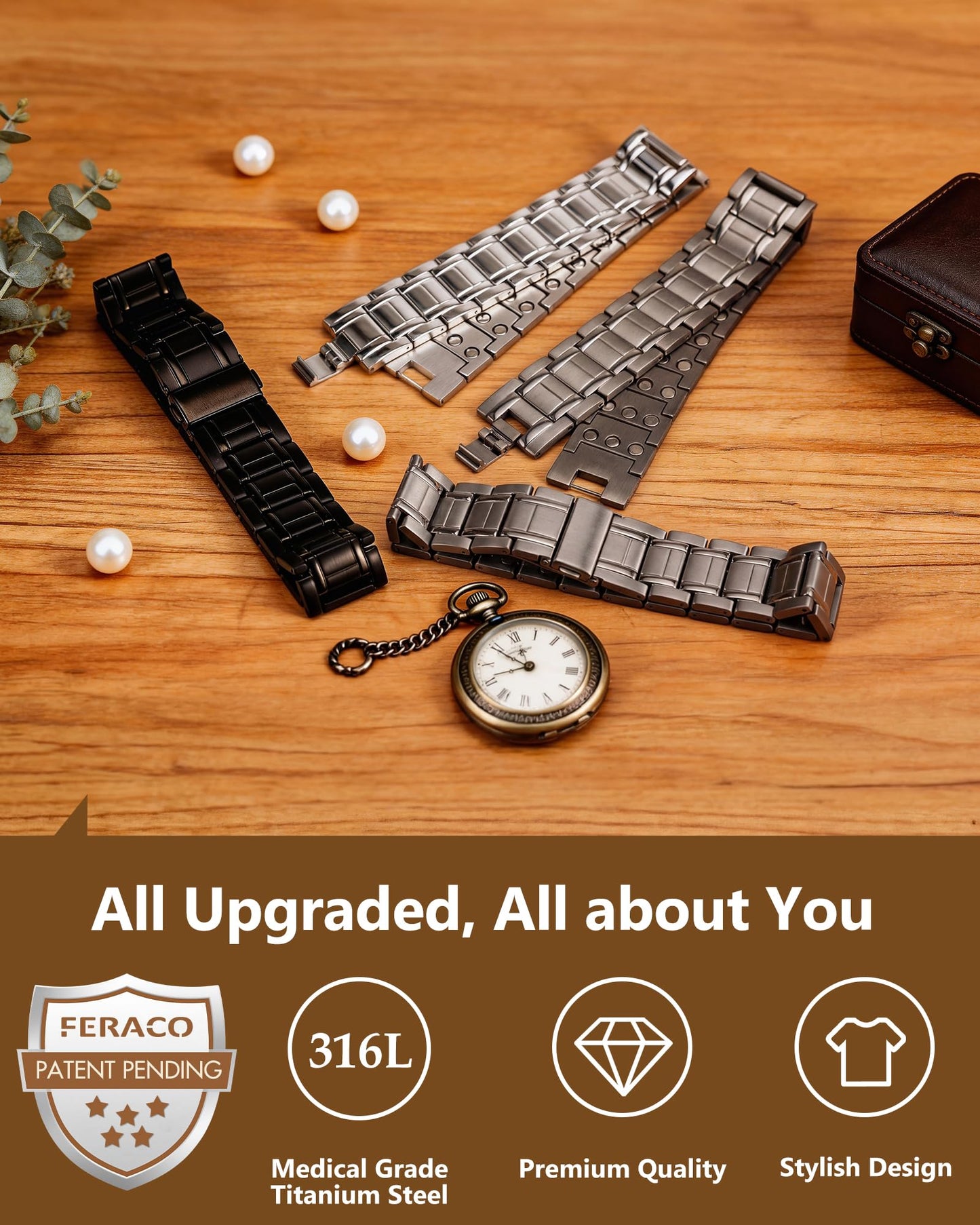 Feraco 3X Magnetic Bracelets for Men Titanium Steel Magnetic Bracelet with 3 Rows Magnets (Gunmetal)