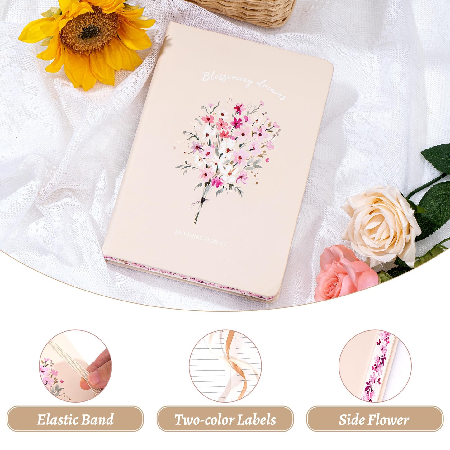 MINICAGIE Lined Journal Notebook for Women Cute Leather Journals for Writing Aesthetic Floral Diary 192 Pages A5 Hardcover Journaling Notebooks with Pen Loop (Yellow)