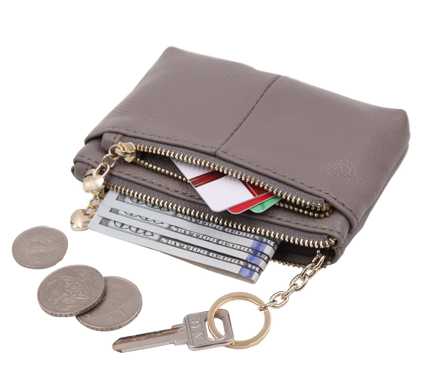 ZOOEASS Coin Purse Women Genuine Leather Zip Mini Purse With Key Ring Triple Zipper Card Holder Wallet (Grey)