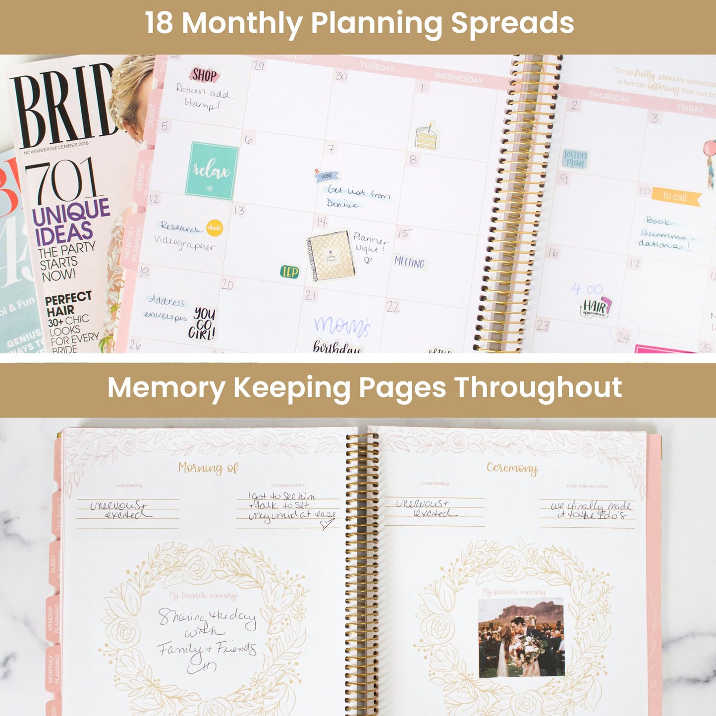 bloom daily planners Hard Cover Wedding Day Planner & Organizer (Undated) - 9" x 11" - Gold Floral