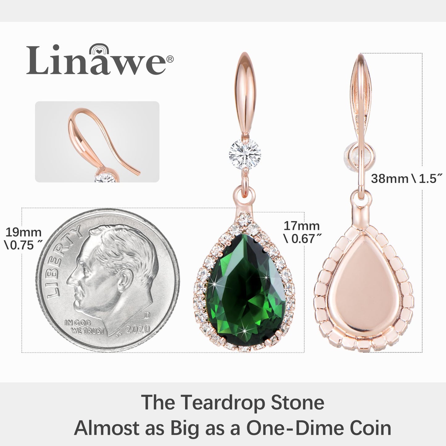 Linawe Emerald Lime Green Earrings for Women, Imitation Diamond Rhinestone Cubic Zirconia Crystal Dangle Earrings Rose Gold, Teardrop Birthstone Drop Earrings, Wedding Jewelry Set