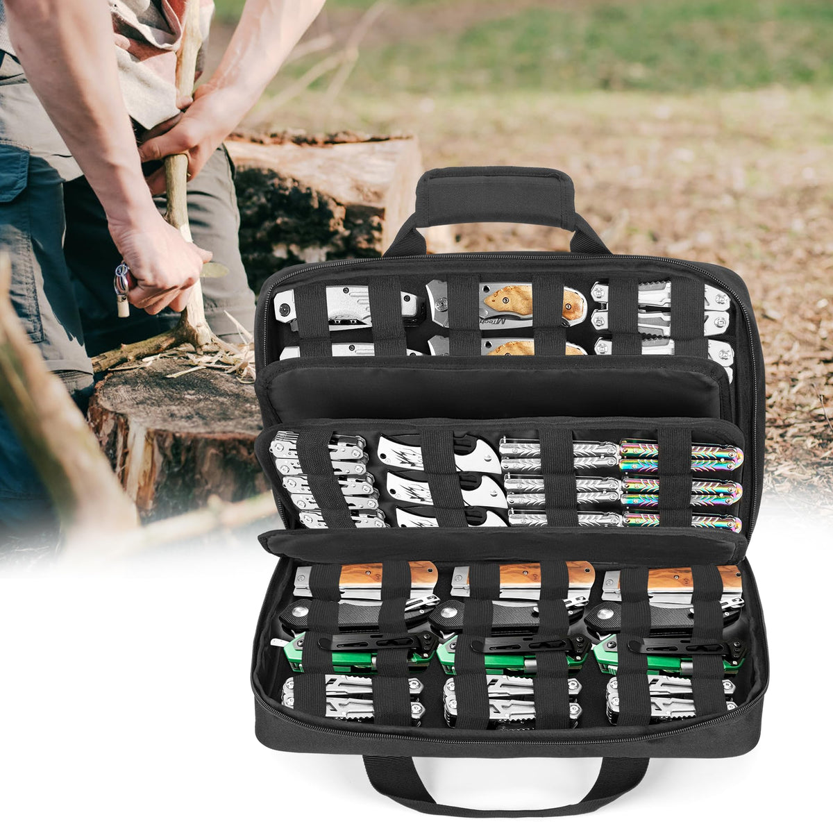 samdew Knife Display Bag for 74+ Pocket Knives, Butterfly Knife Storage Case with 3 Different Size Slots, Folding Knife Organizer Holder, Knife Collection Box with Hard PE Board, Soft Bag Only