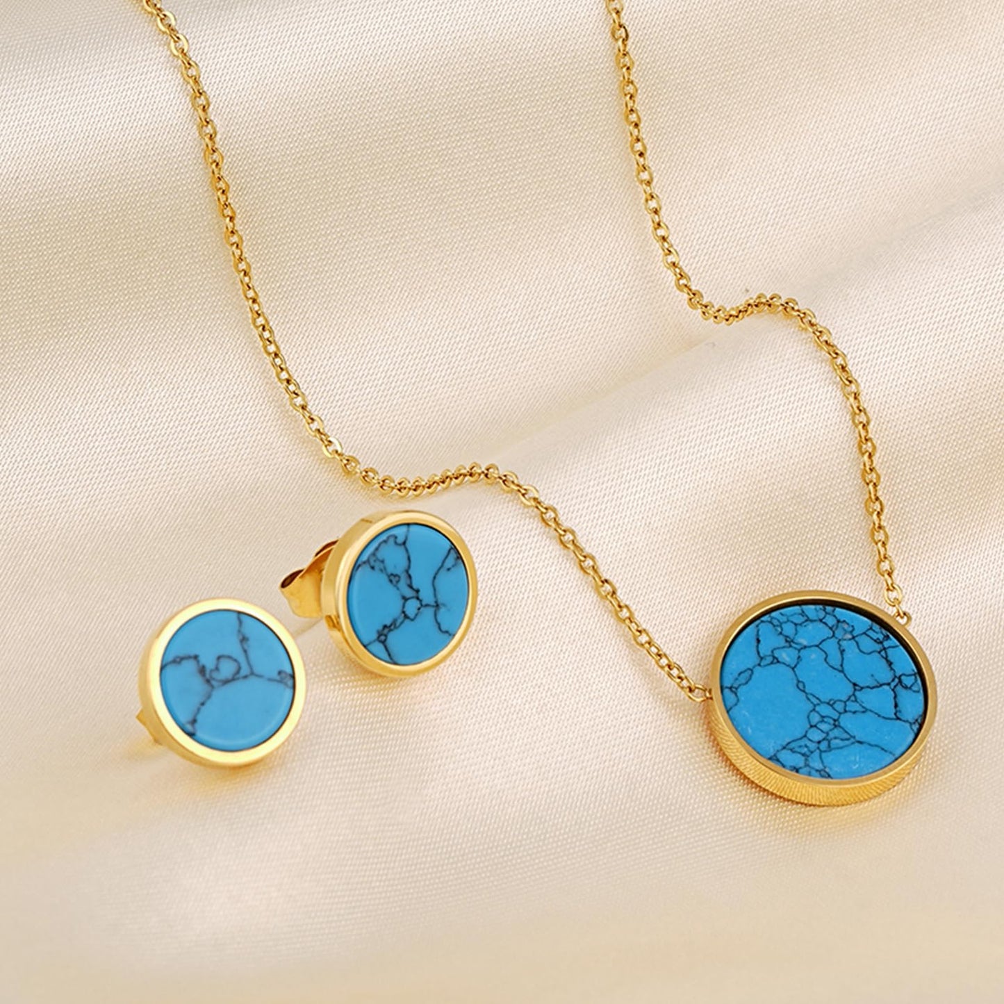 TaYolnFaSo Round Turquoise Jewelry Set for Women 18K Gold Plated Turquoise Necklace Studs Earrings Set Dainty Jewelry Gift