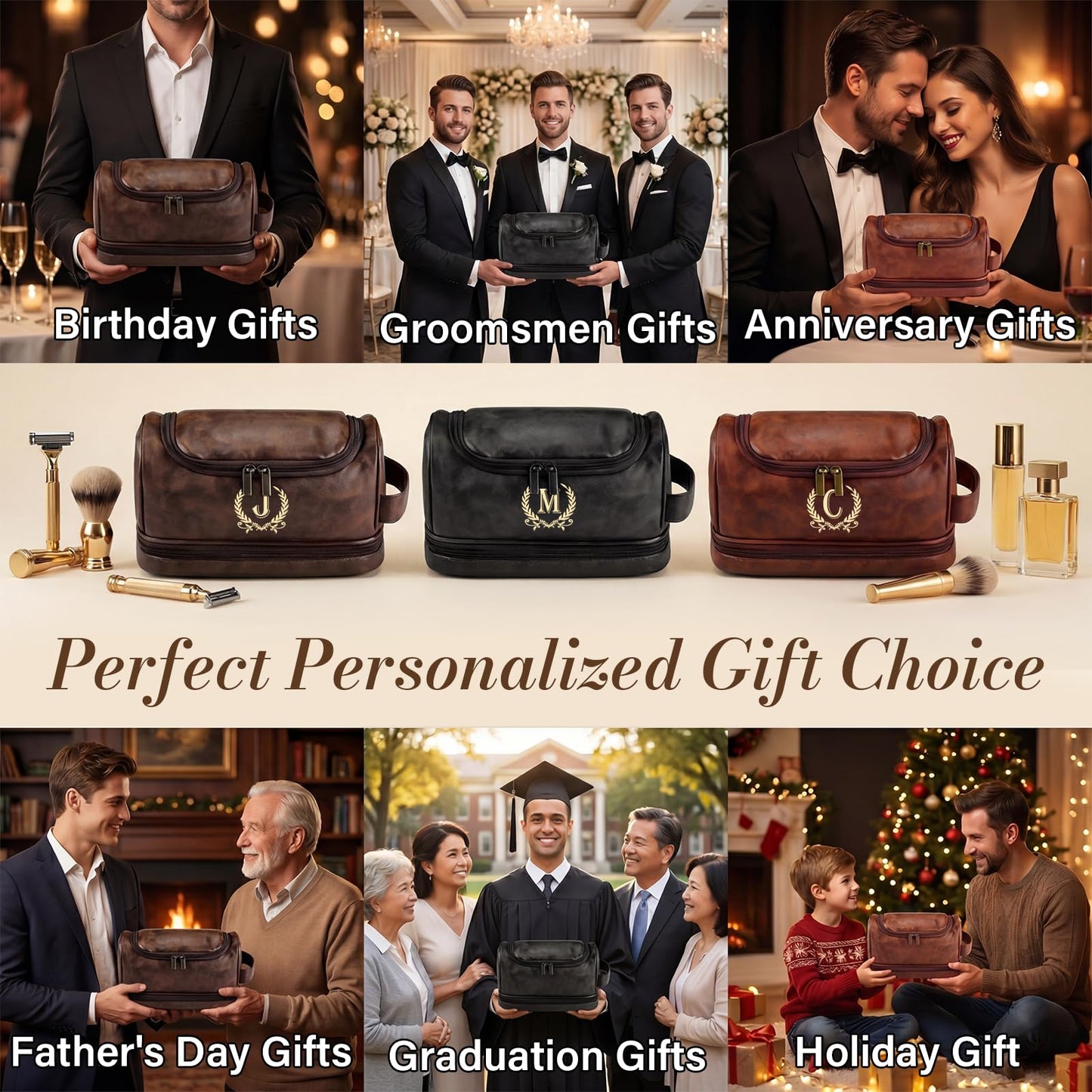 Groomsmen Gifts for Men Travel Toiletry Bag, Personalized Leather Toiletry Bag with Handle & Hook, Water Resistant Shaving Kit Bag for Wedding Party Bachelor Party Favors Bestman Gifts(K)