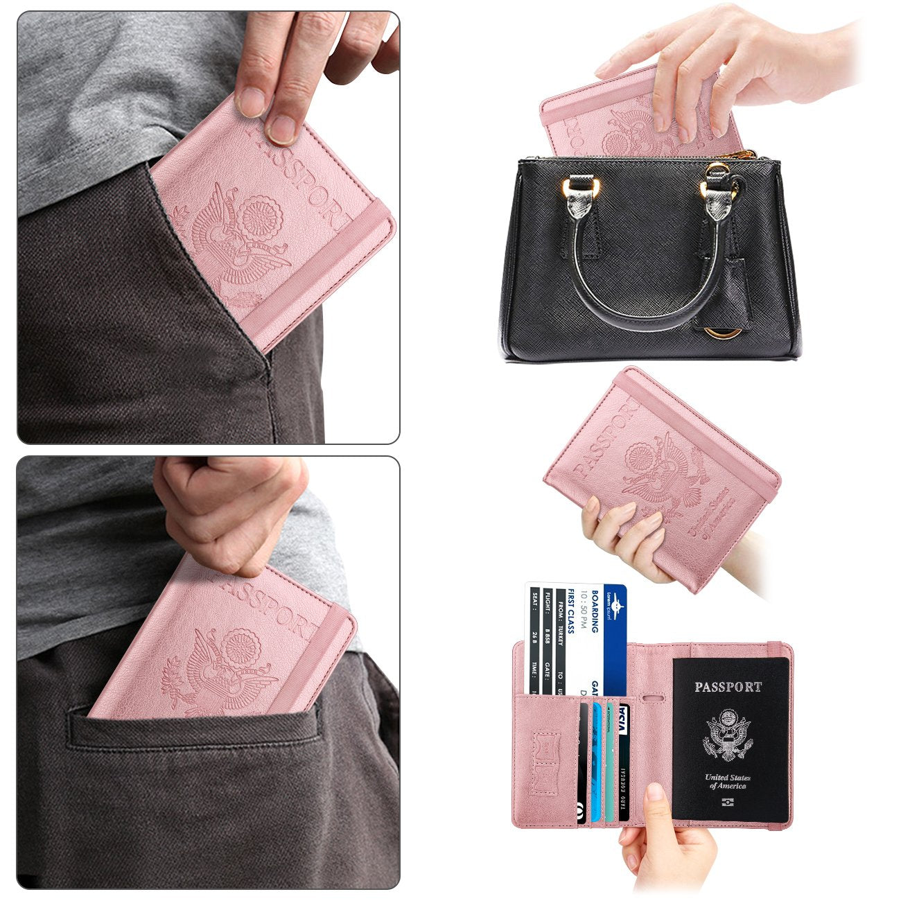 WALNEW Passport Holder for Travel, RFID Passport Cover Wallet for Women Men, PU Leather Passport Book Card Holder Case with Pen, Travelling Essentials for Flying