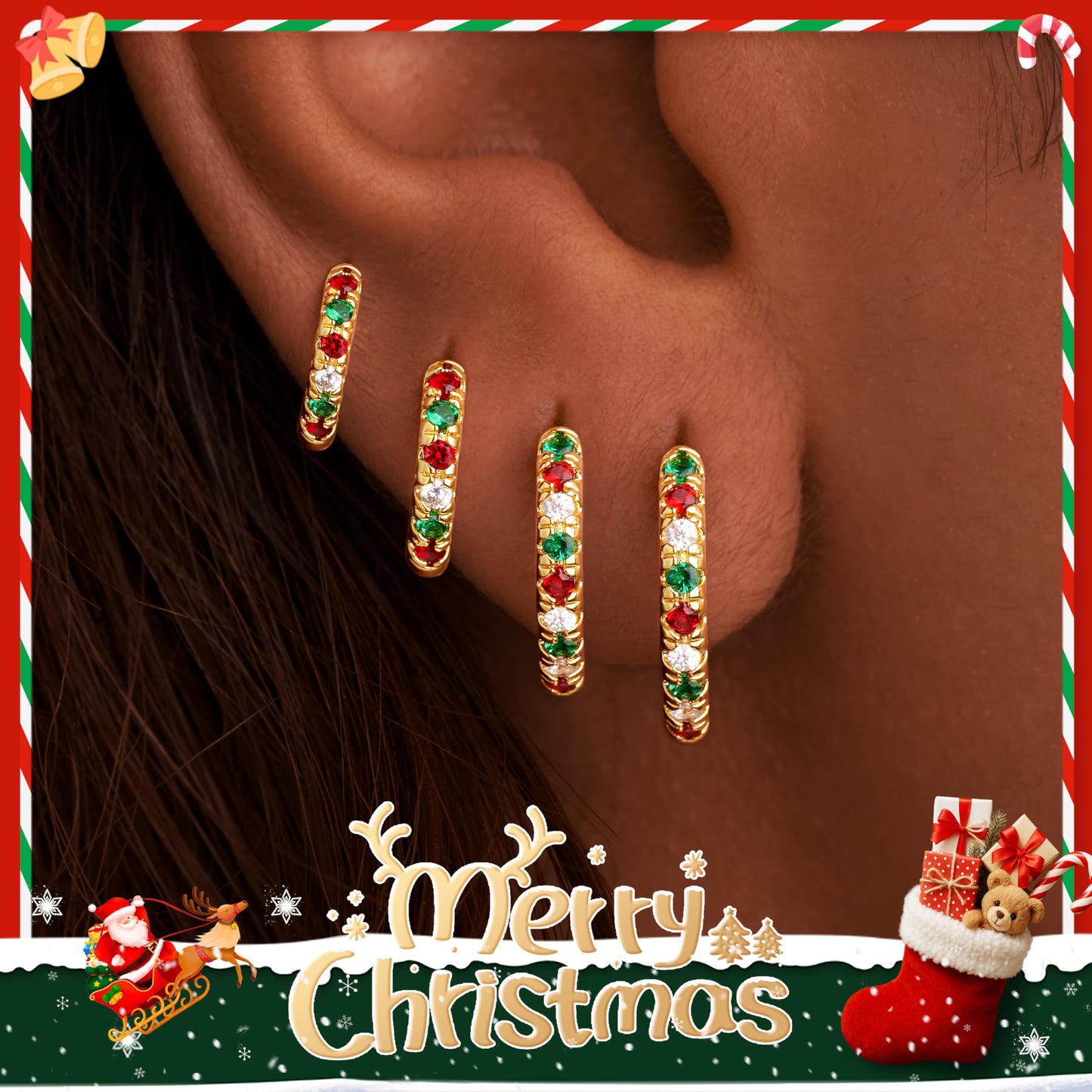 Christmas Earrings for Women, Gold Red Green Hoop Festive Holiday Earring Set for Christmas Stocking Stuffer Jewelry Gifts