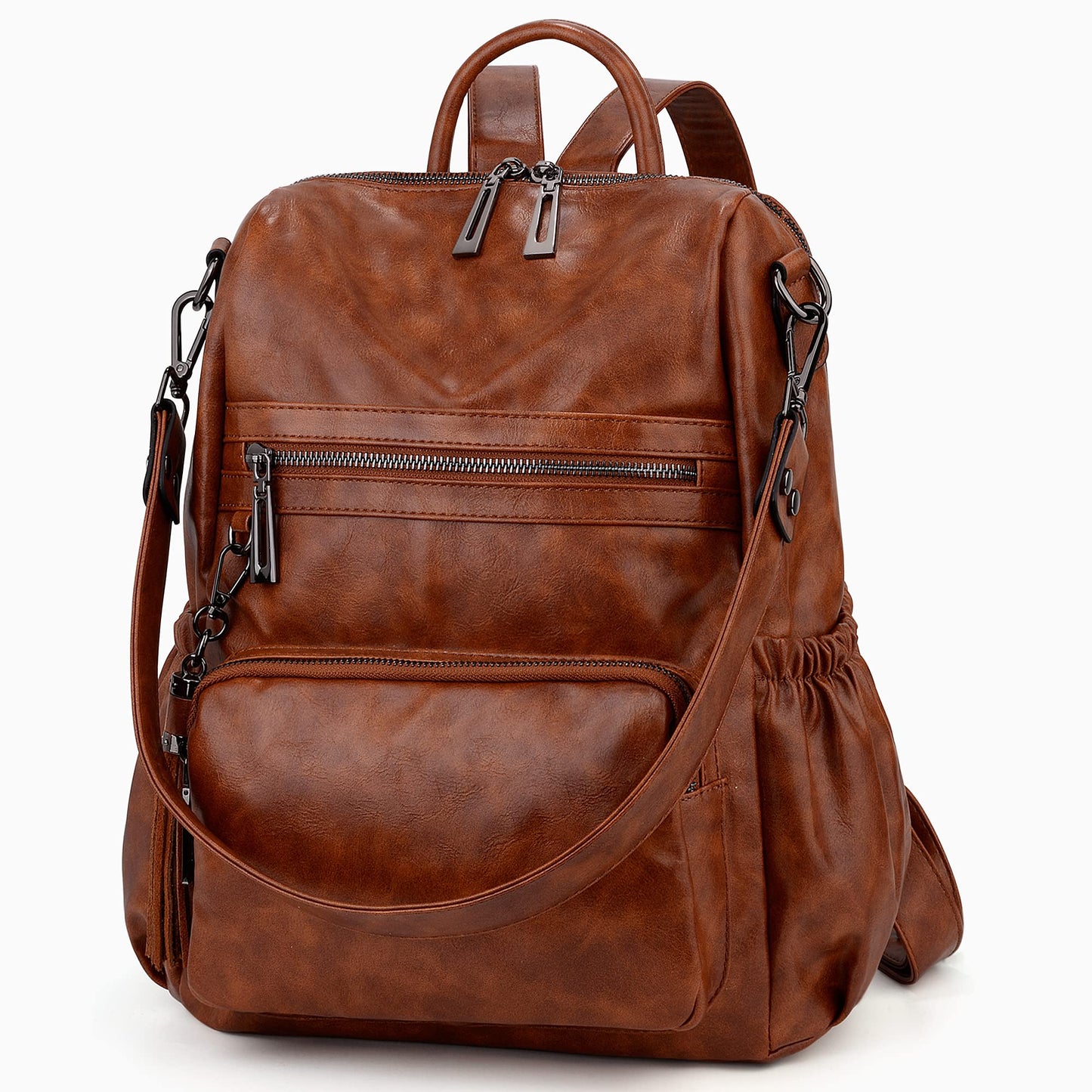UTO Women Backpack Purse Oil Wax PU Leather Ladies Fashion Designer Rucksack Convertible Travel Shoulder Bag with Tassel Brown