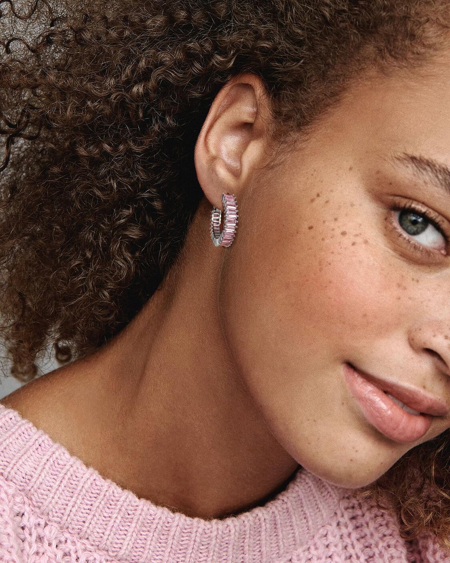 GLOQUAT Baby Pink CZ Hoop Earrings White Gold Plated Light Pink Hoops for Women 925 Sterling Silver Post Vintage Baguette Cubic Zirconia Earrings Trendy Pink Round Circle Hoops for Women Jewelry 25mm