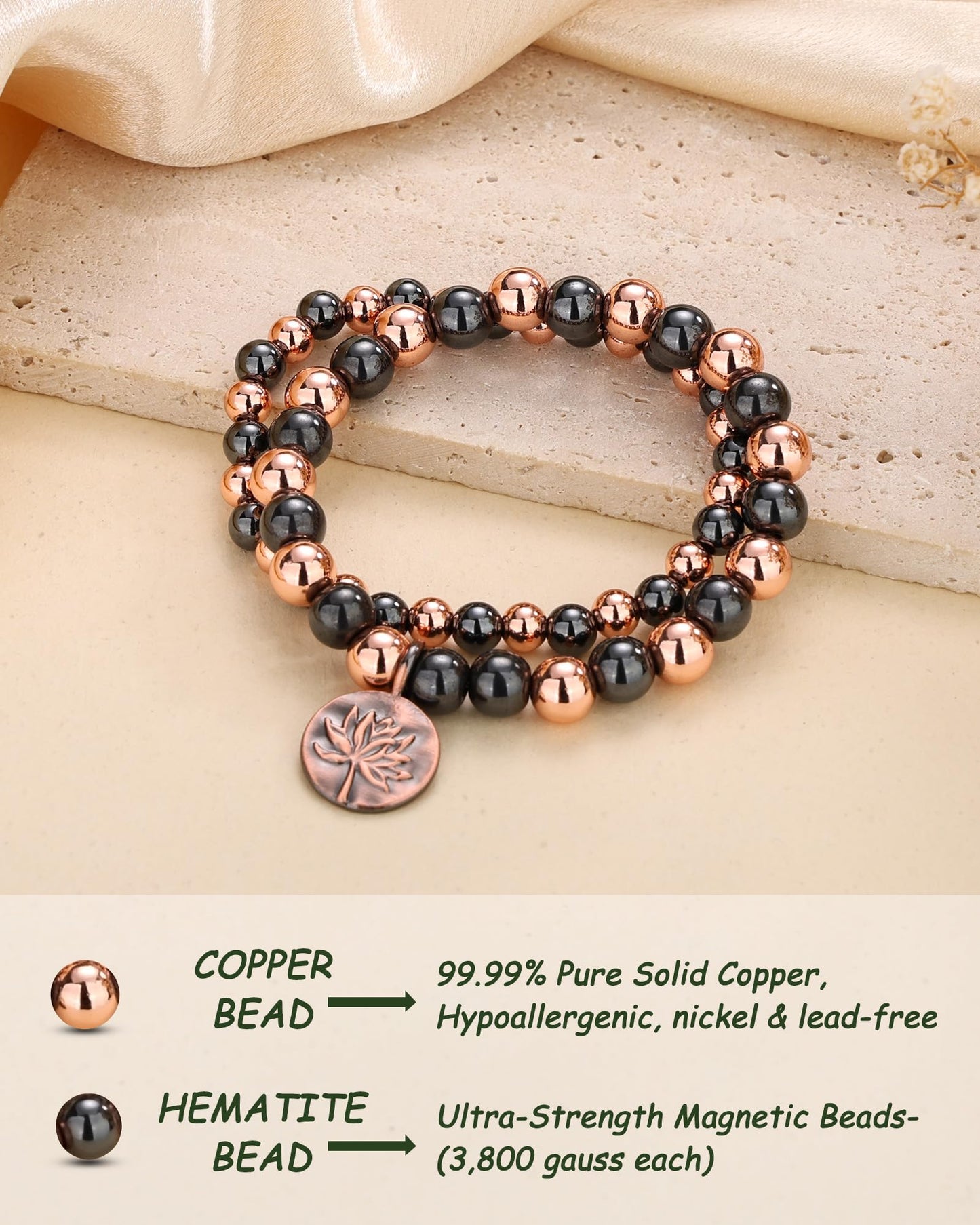 MagEnergy 2Pcs Copper Bracelet for Women & Men, 3800 Gauss Magnetic Bracelet, Lotus Copper Hematite Jewelry Gifts, Stretch Hematite Bead Braclets Pulseras Para Mujer