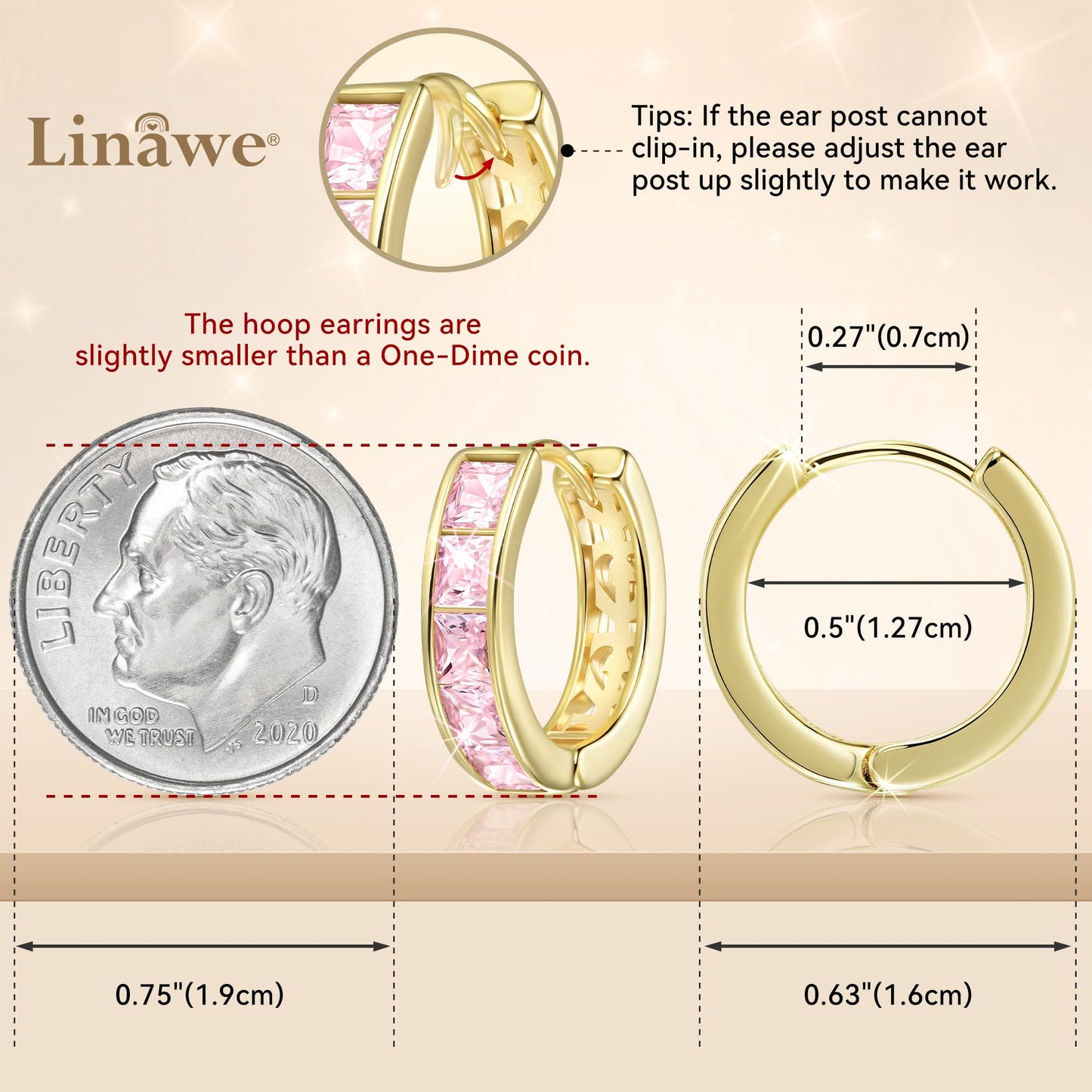 Linawe Flat Back Gold Hoop Earrings for Women, Trendy Pink Cubic Zirconia Studs, Helix Moissanite Earrings, Cute Small Huggie Earrings, Cartilage Cuff Ear Piercing